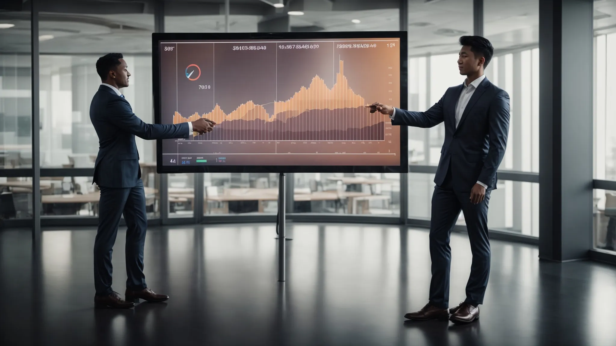 two business professionals shaking hands in a meeting room with a digital screen displaying graphs in the background.