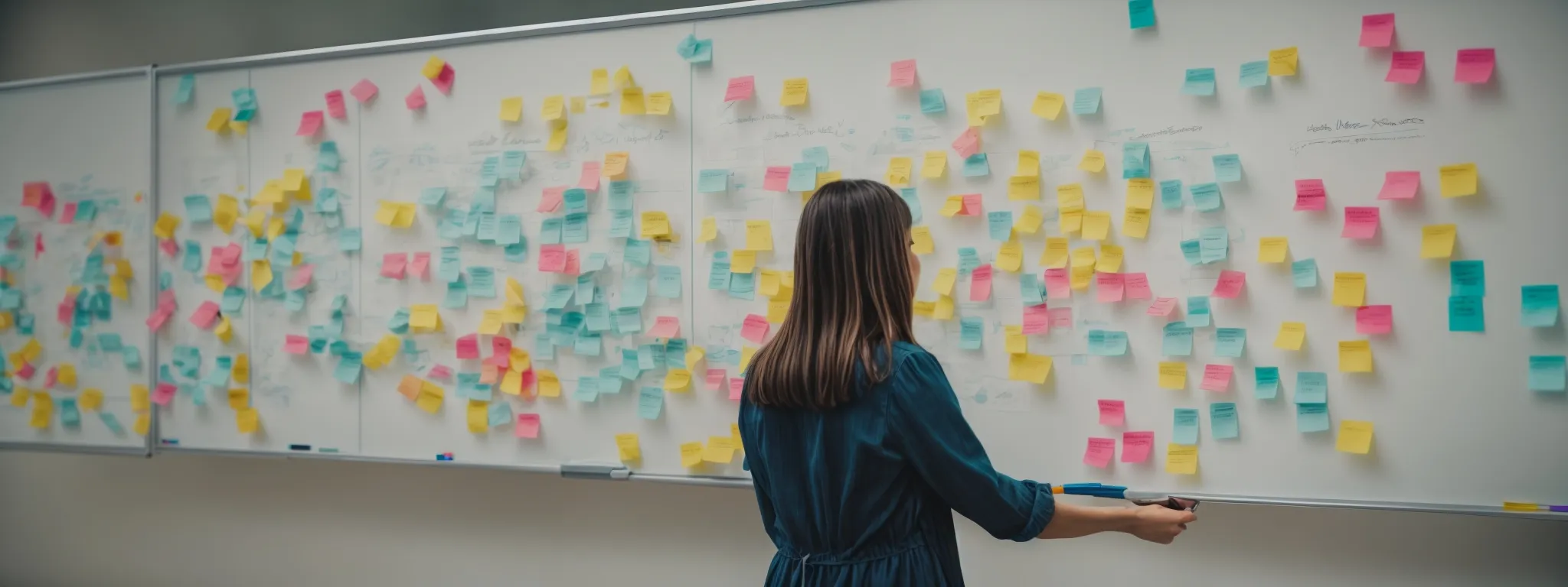 a strategist affixes color-coded sticky notes onto a large whiteboard to structure the phases of a content audit.