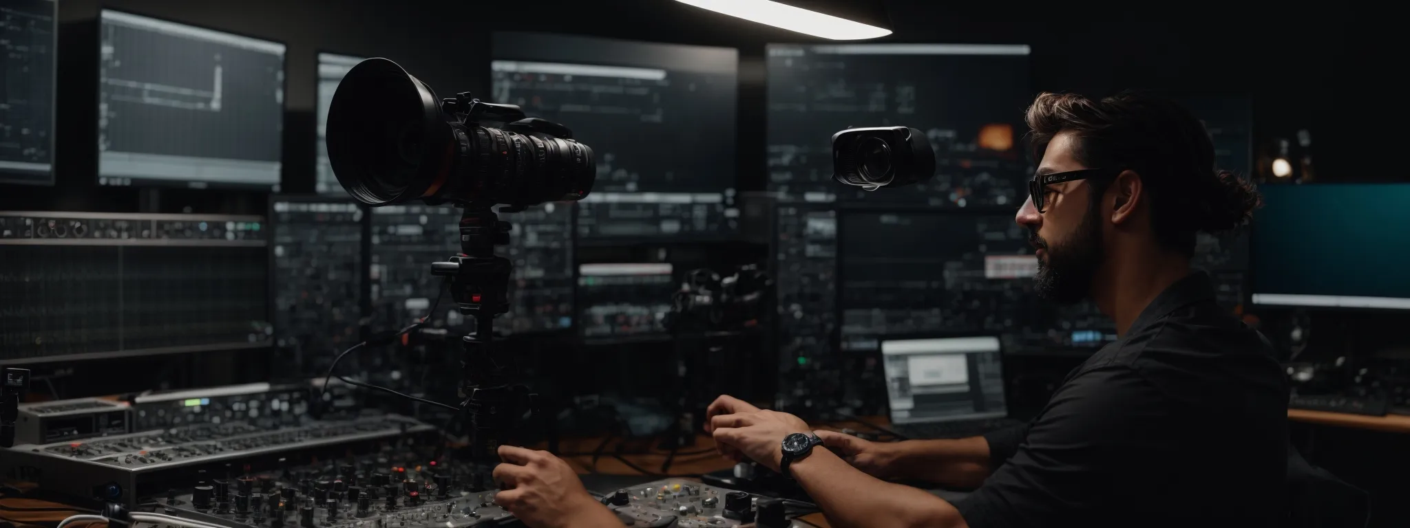 a dynamic content creator excitedly adjusts cutting-edge recording equipment in a modern studio setup geared for video engagement.