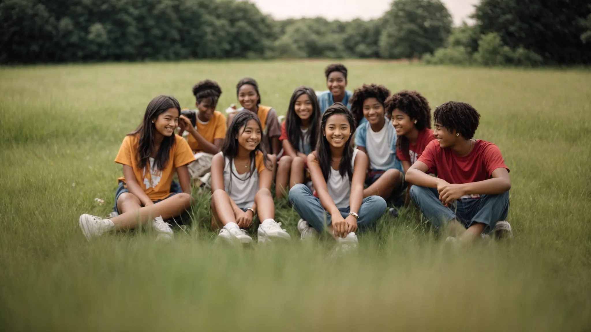 a group of smiling teenagers from various cultural backgrounds are sitting together on a grassy field during a summer school activity.