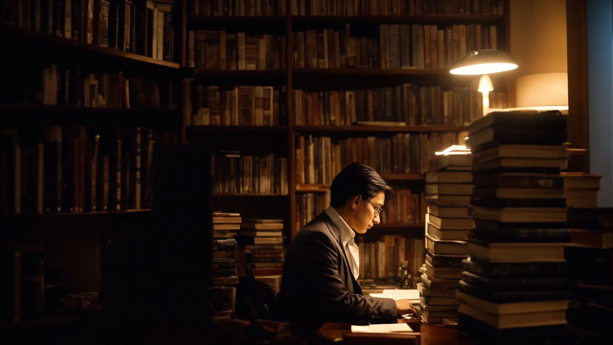a person surrounded by towering stacks of books, peering intently at a computer screen, in a room illuminated by the soft glow of a desk lamp.