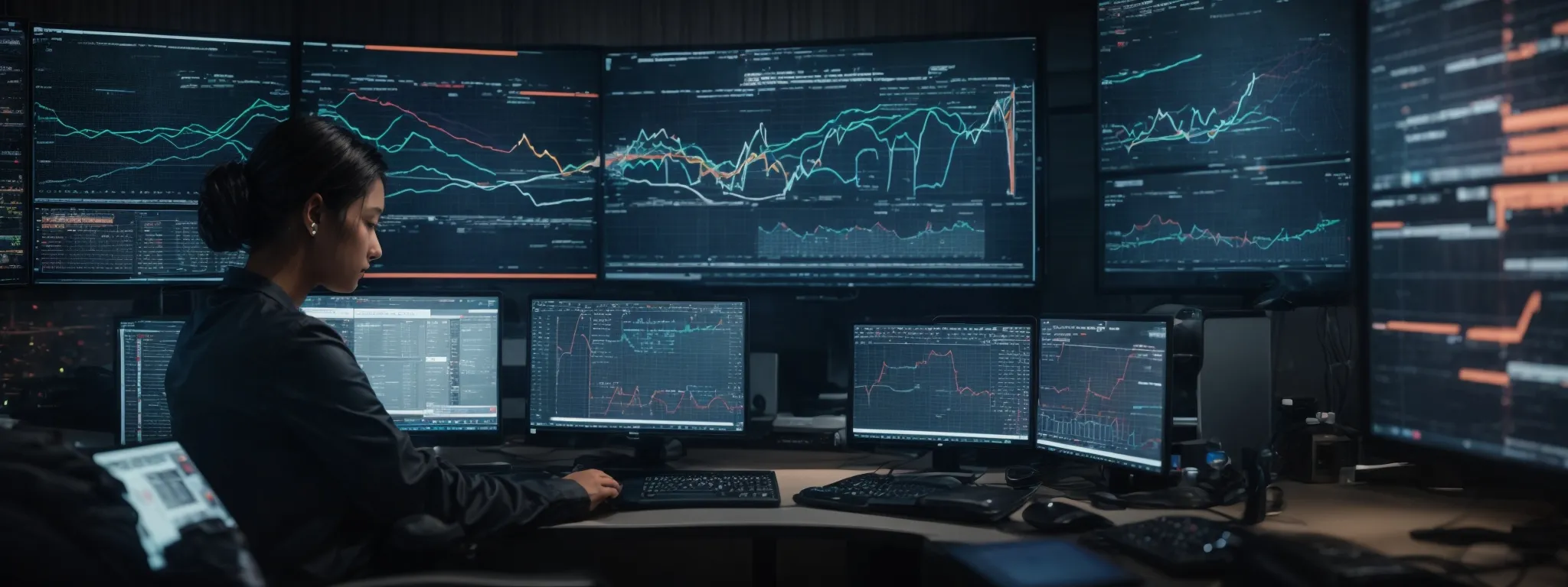 a person sits at a futuristic workstation, with multiple screens displaying graphs and data patterns, reflecting the integration of ai in seo keyword research.