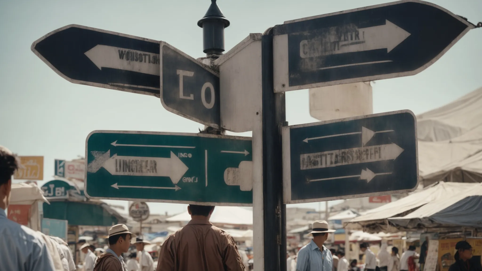 a person standing at a crossroads signpost with arrows pointing toward different career paths amidst a busy marketplace.