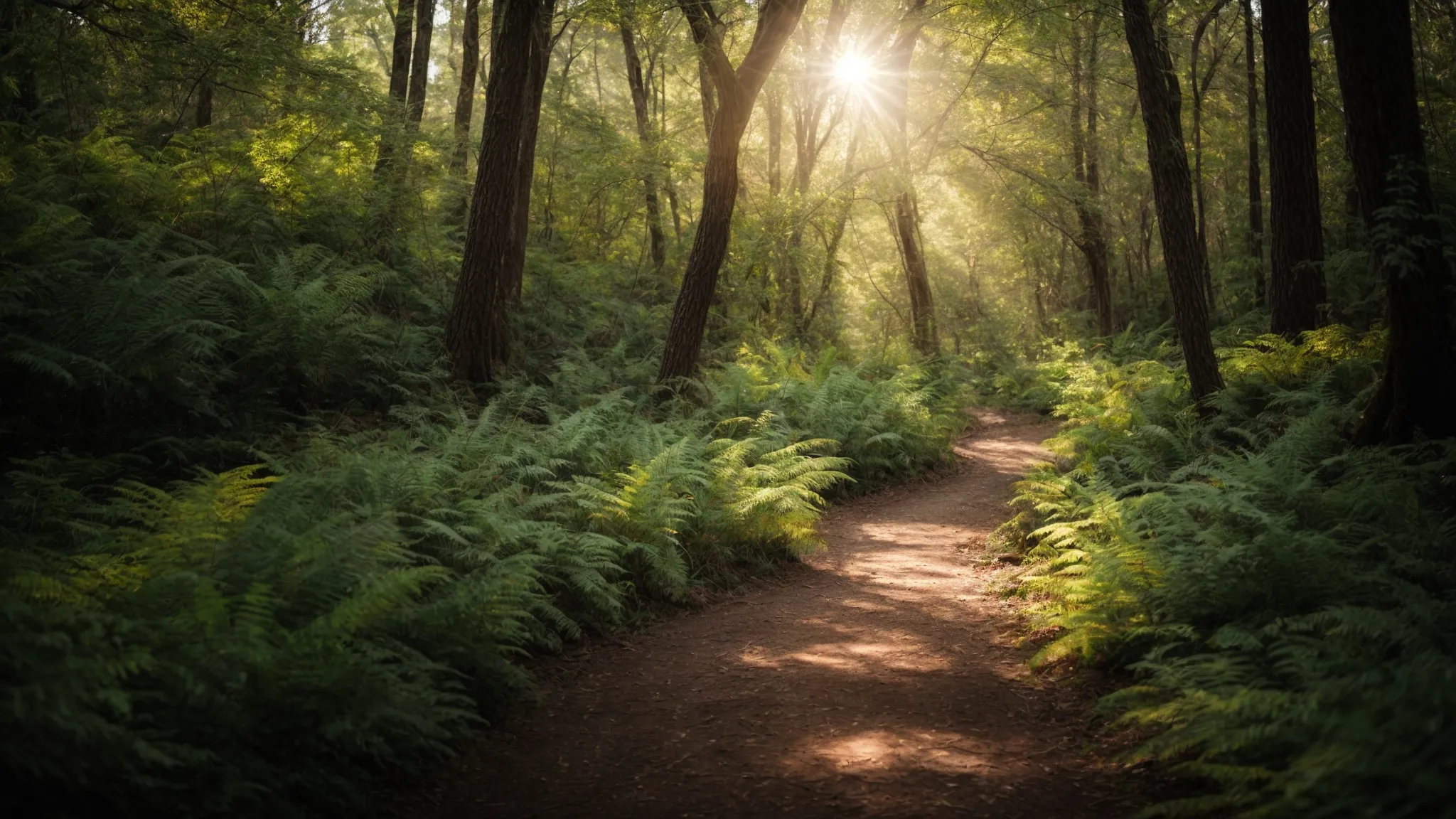a winding path through a dense forest opening up into a sunlit clearing.