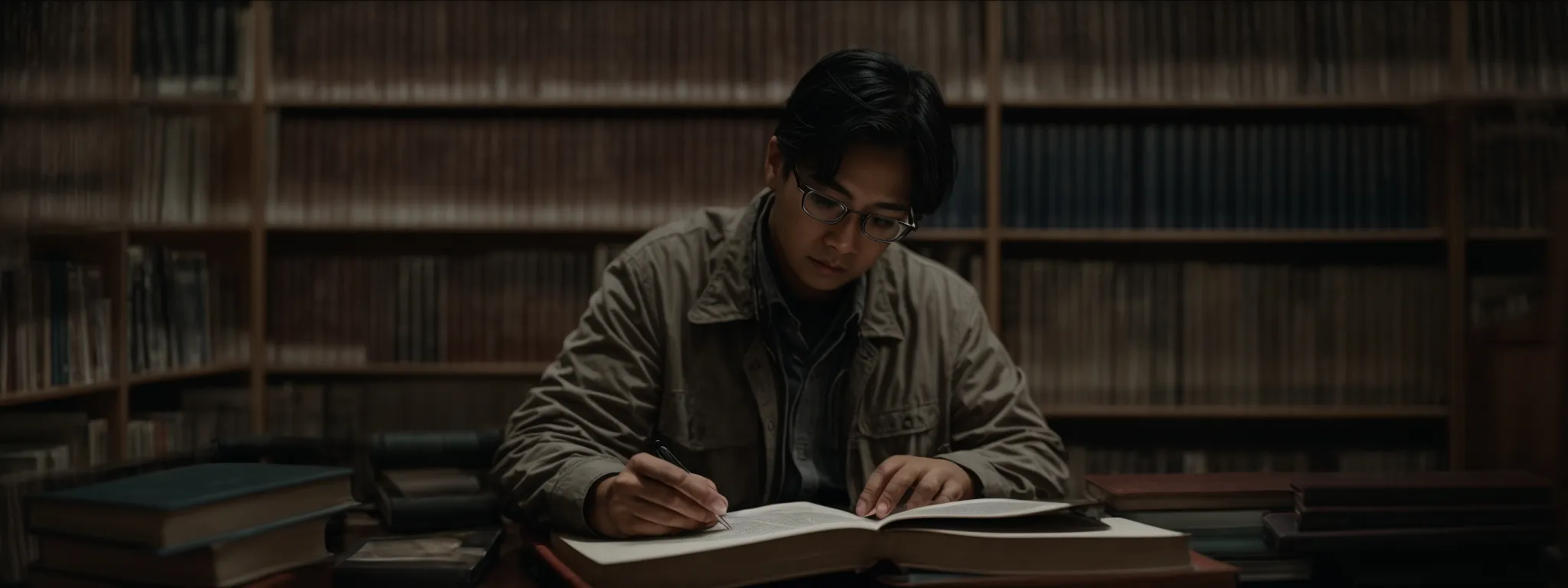 a diligent researcher intensely scrutinizes a thick book in a well-lit, quiet library.