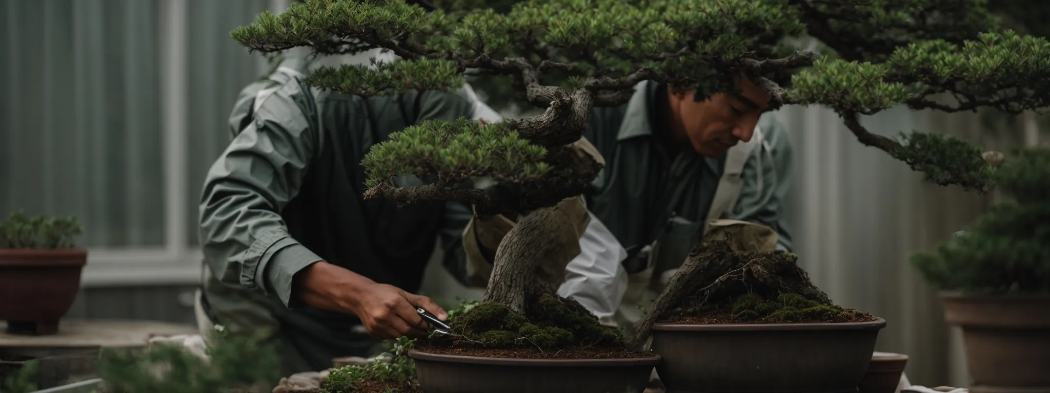 a gardener carefully snipping away at a bonsai tree to shape and improve its growth.