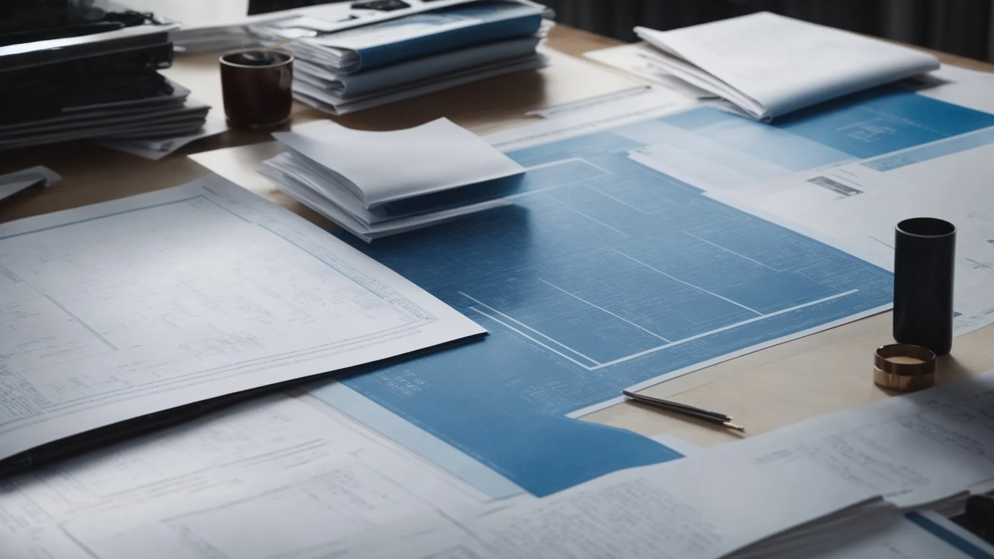 a blueprint showcasing a clear hierarchy of website pages spread on a designer's worktable.