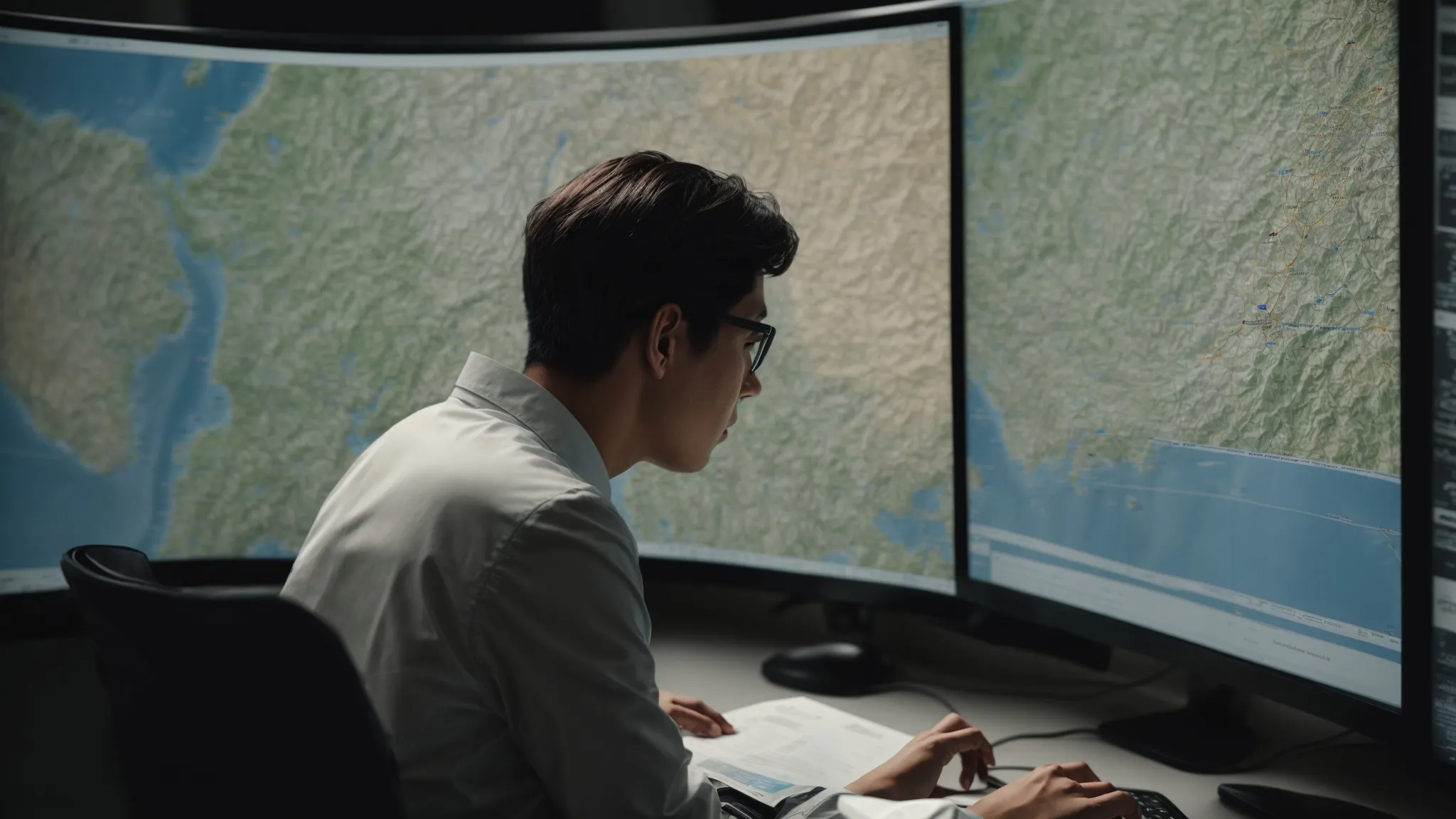 a person intently analyzing a digital map dotted with various landmarks and location pins on a computer screen.