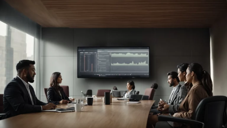 a focused group of professionals gather around a conference table, interacting with a digital presentation about effective seo strategies.