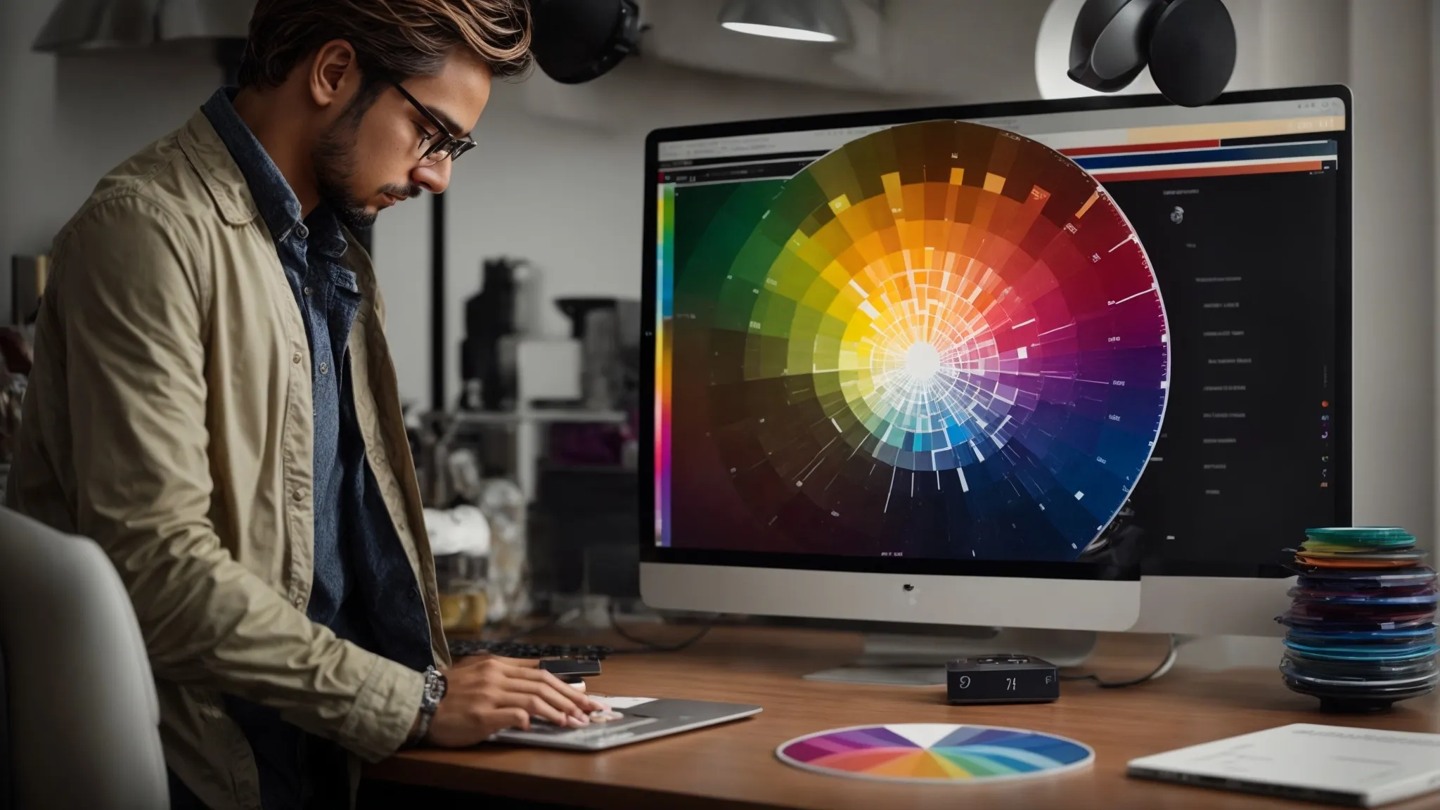 a designer thoughtfully examining a color wheel alongside a computer displaying vibrant social media graphics.
