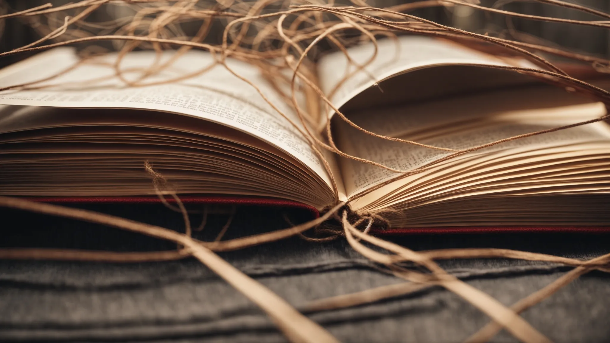 an open book with interconnected strings laying across the pages symbolizes a well-structured network of internal linking.