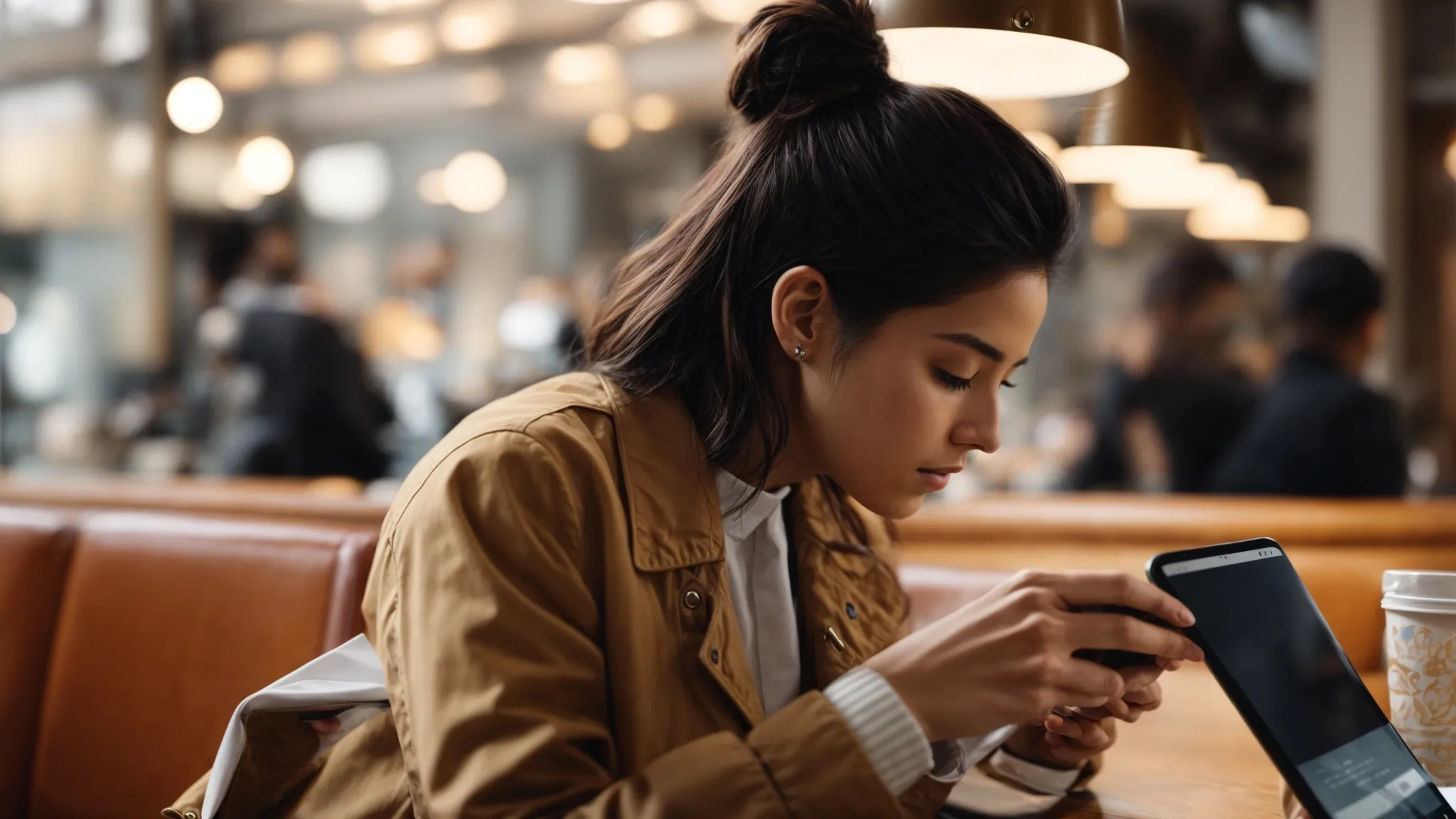 a person using a smartphone effortlessly navigates a sleek, fast-loading website while sitting at a cafe.