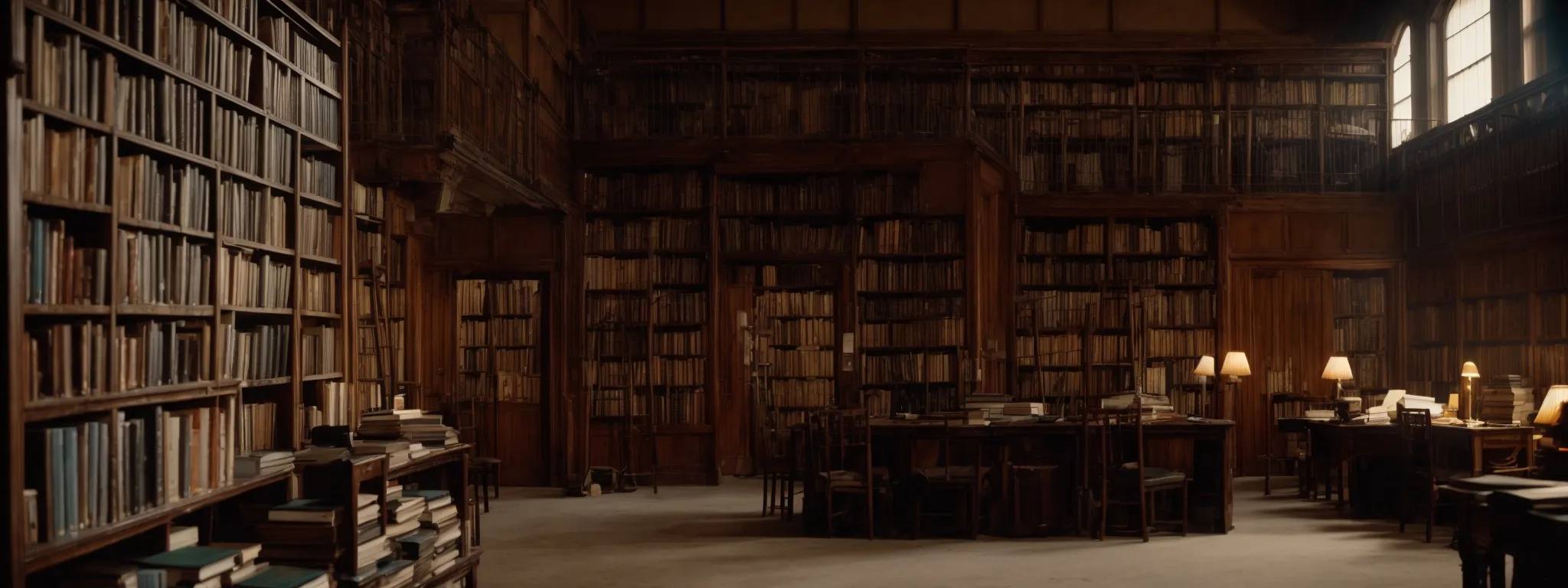 a dusty, cobweb-laden library with untouched, yellowing books on the shelves.