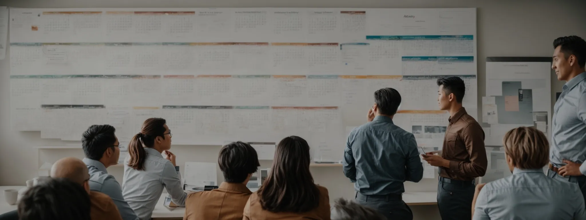 a team strategizes over a large calendar on the wall, marking important dates for combined seo and social media campaigns.