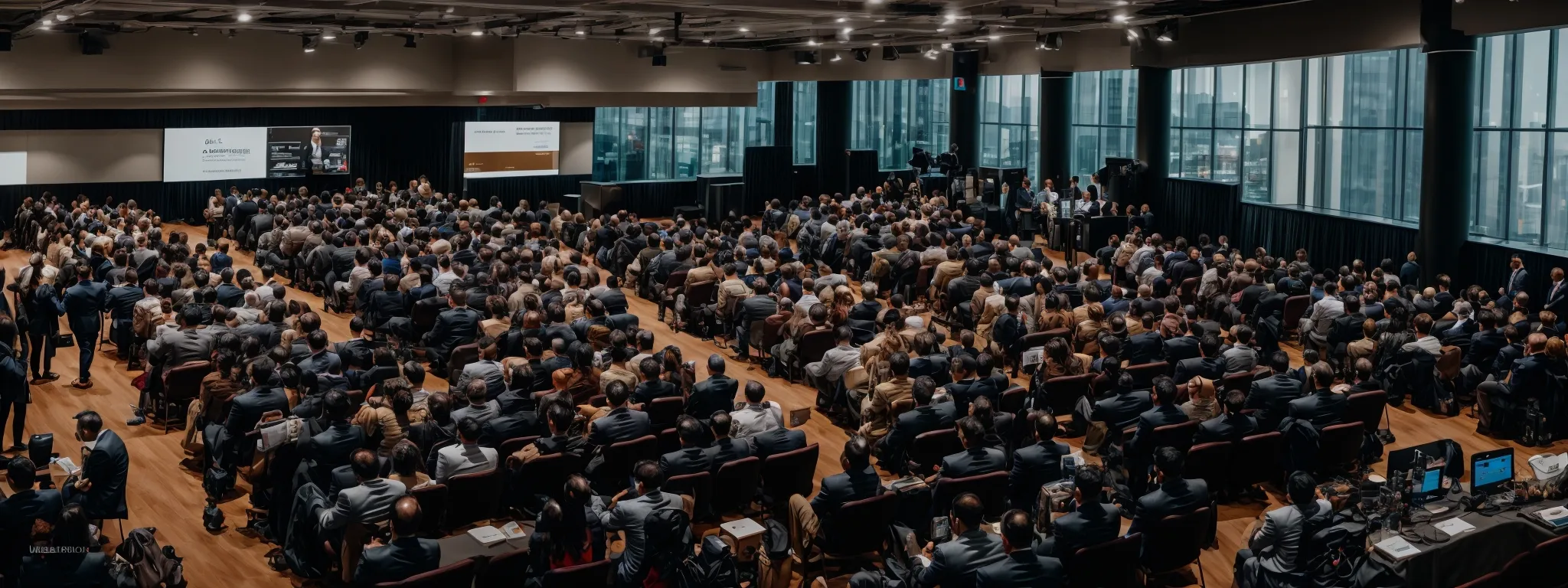 a panoramic view of a bustling digital marketing conference where attendees are immersed in a workshop about integrating content marketing and seo.