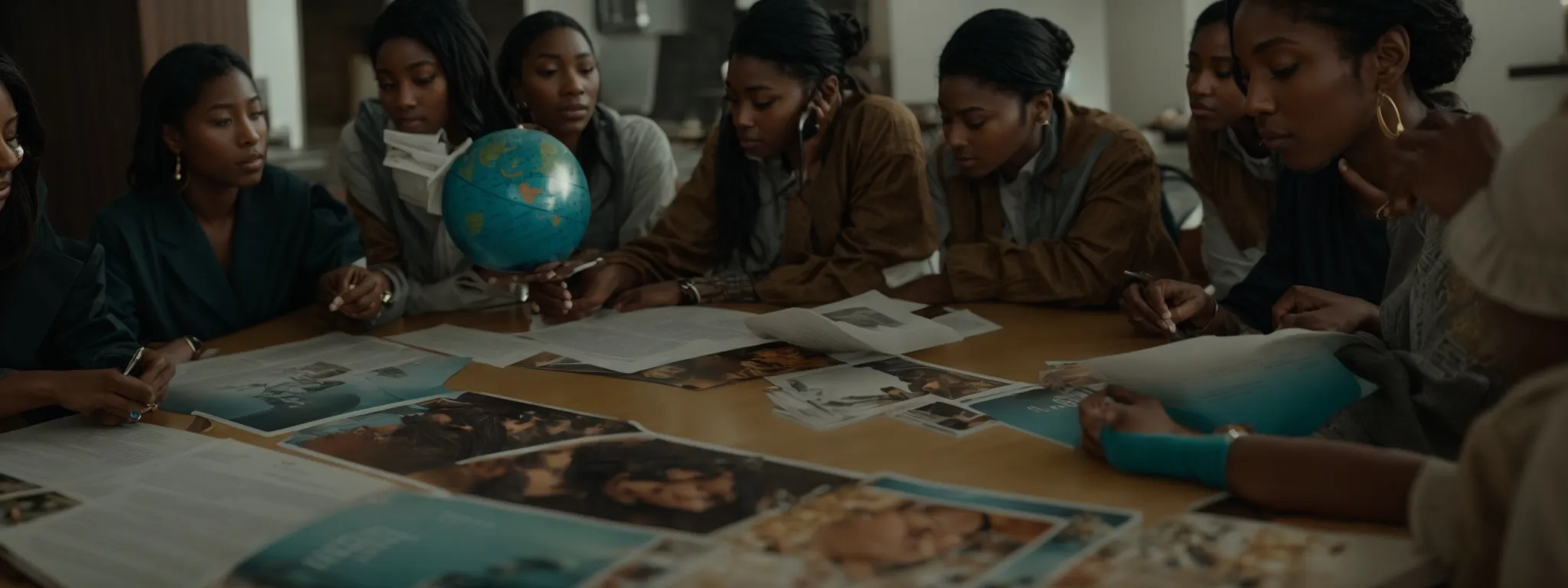 a diverse group of people gathered around a table, examining marketing materials that showcase a variety of cultural elements, while a globe sits prominently in the center.