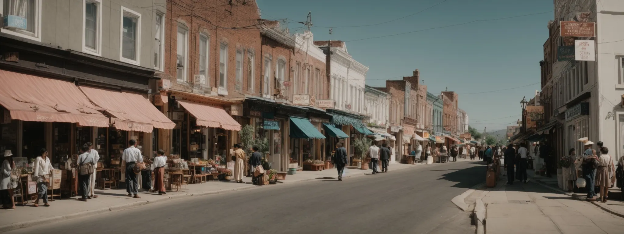 a bustling small town street with diverse storefronts and passersby engaged with their surroundings.