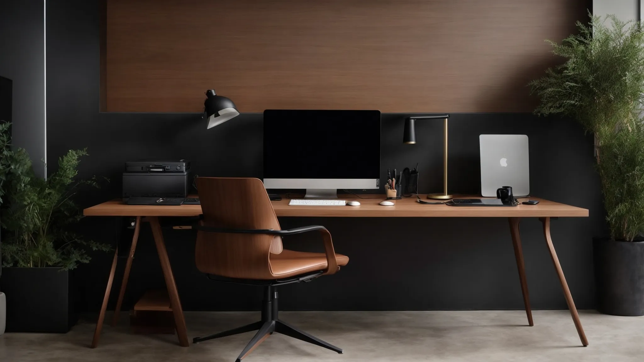a sleek, modern office desk with a minimalist computer setup, surrounded by subtle branding elements that reflect the company's aesthetic.