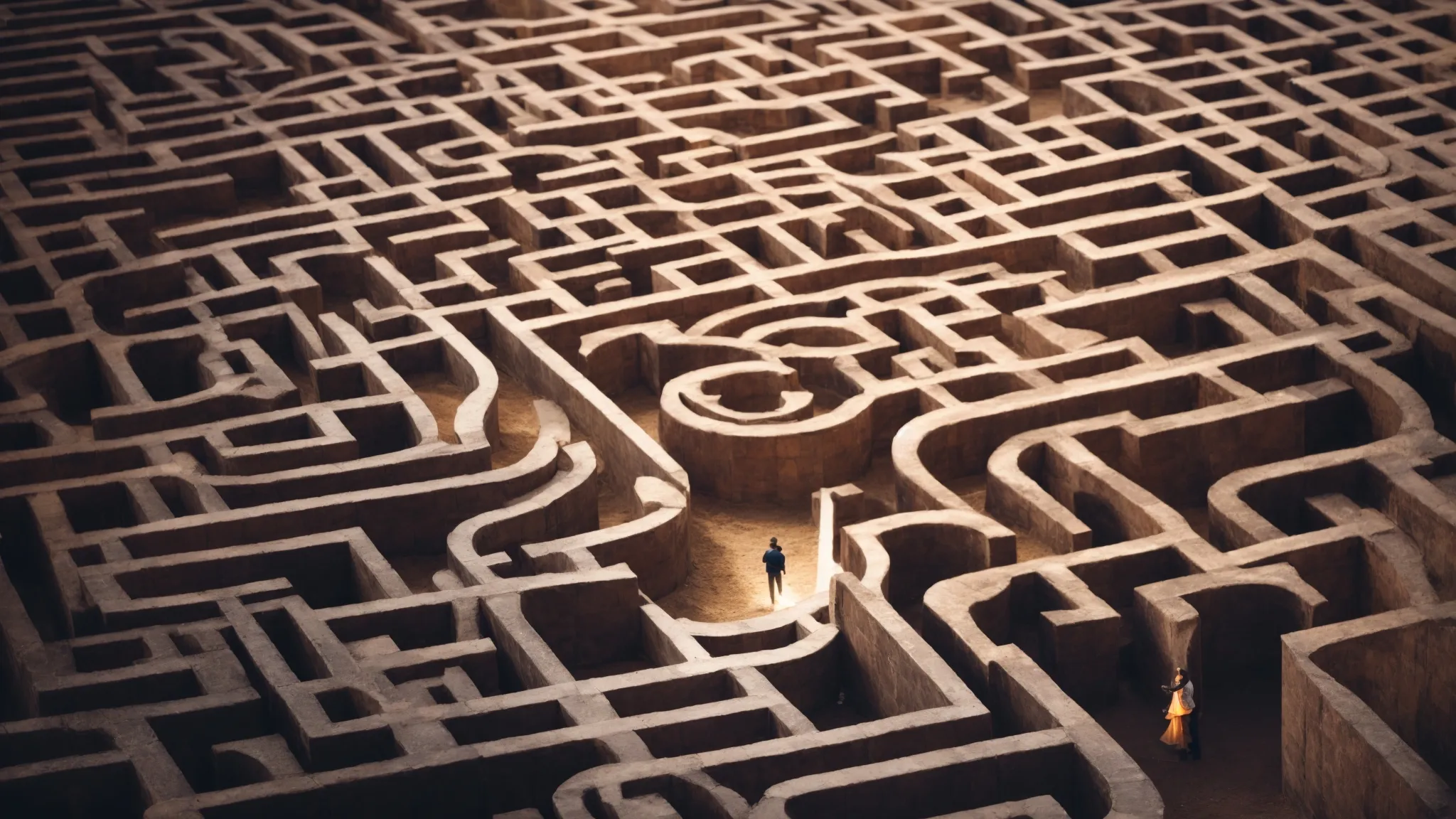 a person navigating a large, intricate maze, representing the complexity and strategic placement of long tail keywords in seo.