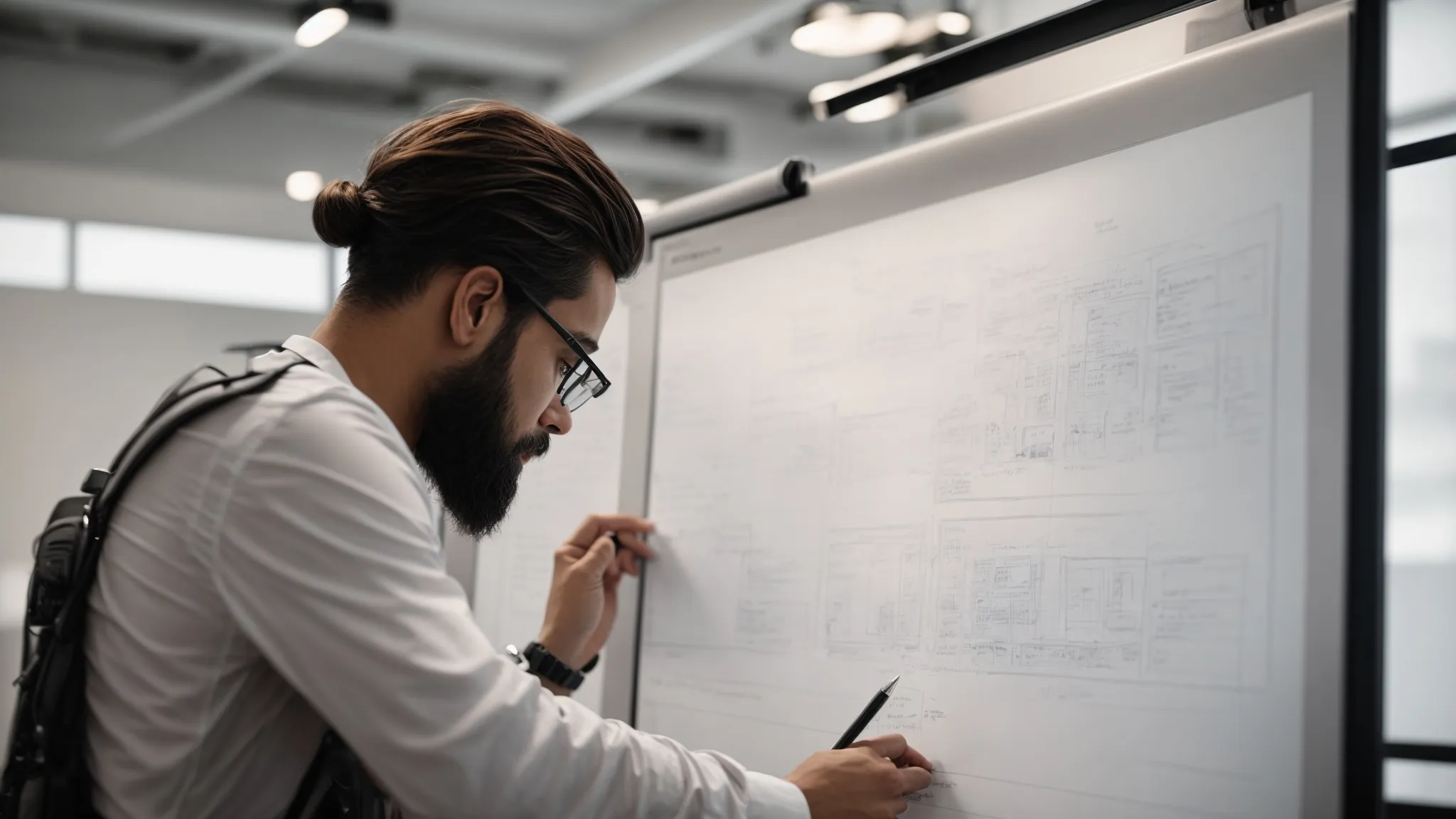 a designer sketches a responsive website layout on a whiteboard, considering how it will adapt to various devices.