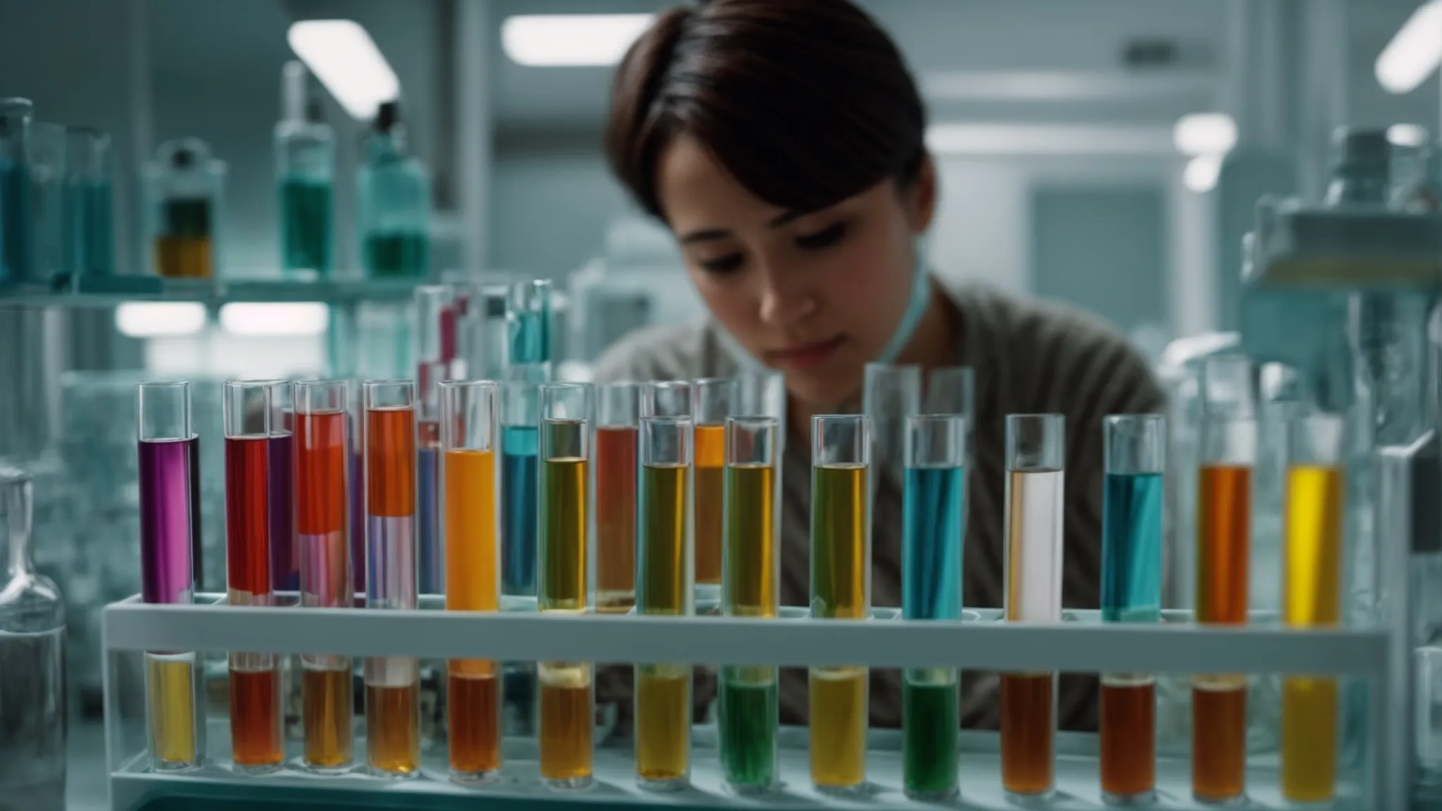 a person examines test tubes filled with colorful liquids in a bright laboratory.