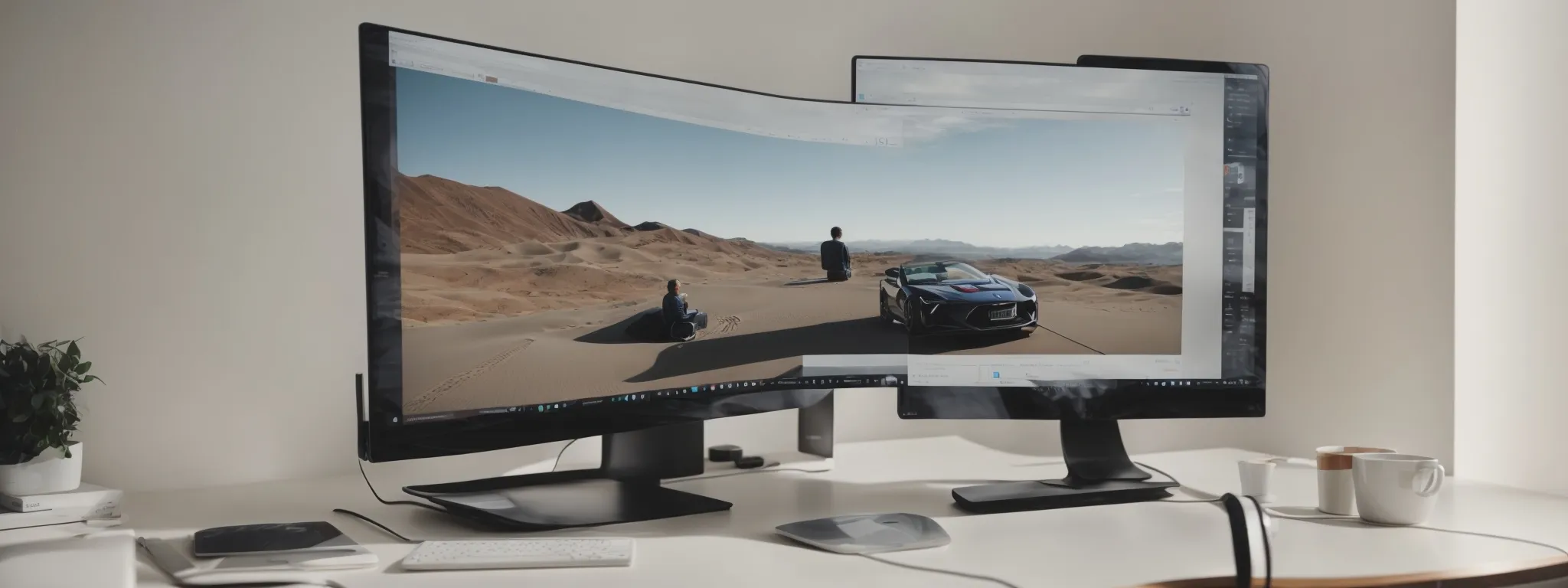 a person sitting comfortably, navigating a sleek, uncluttered website on a minimalist computer setup.