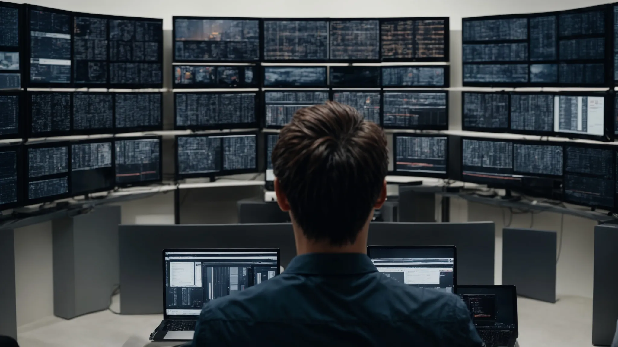 a person thoughtfully surveys an array of visually distinct computer screens, each showcasing different layouts and designs.