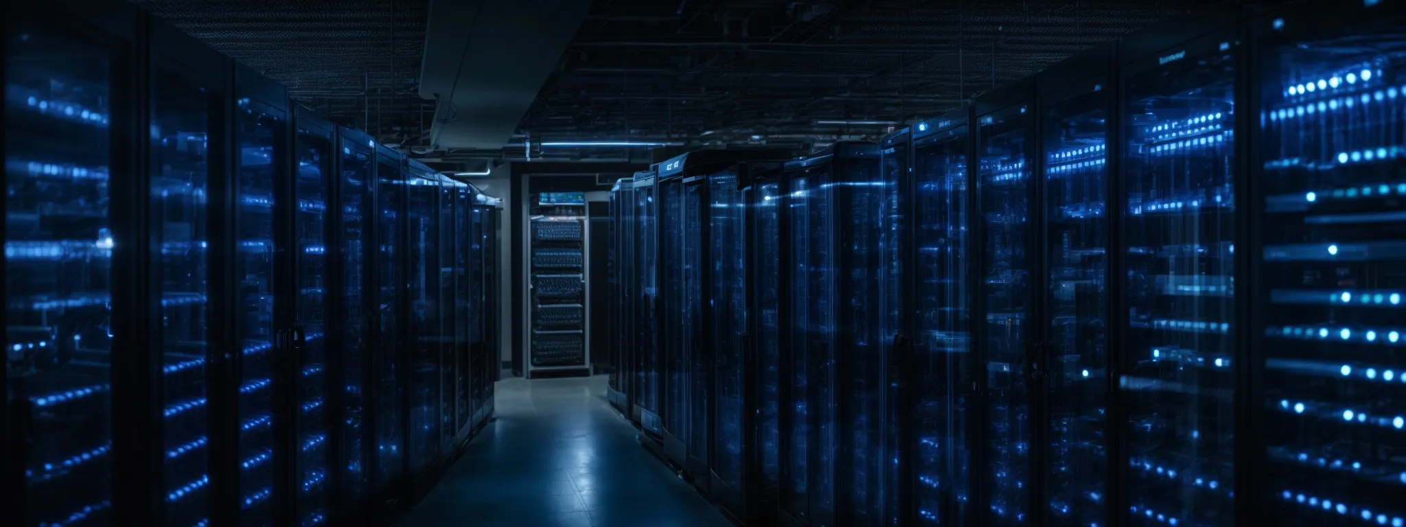 rows of server racks in a data center with glowing blue lights indicating active data processing and timestamp verification.