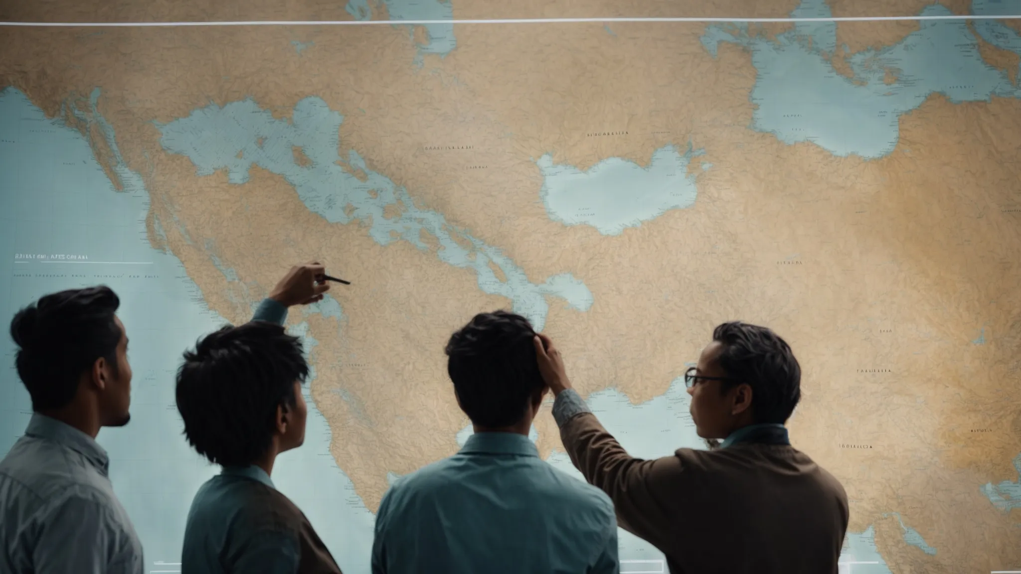 a diverse group of people pointing at a world map on a digital screen, discussing content.
