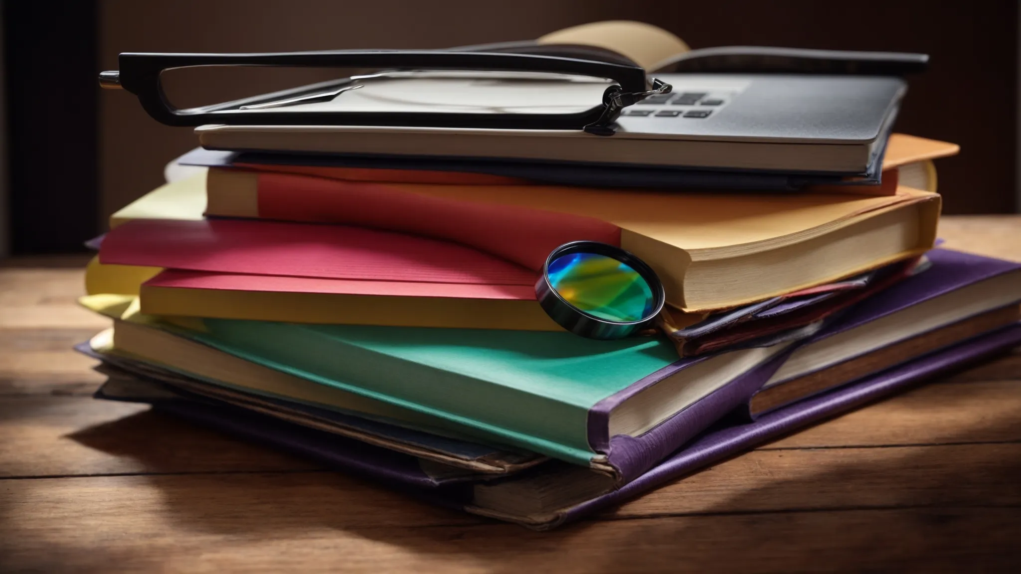 a stack of colorful books on a wooden desk with a laptop displaying a magnifying glass graphic on its screen.