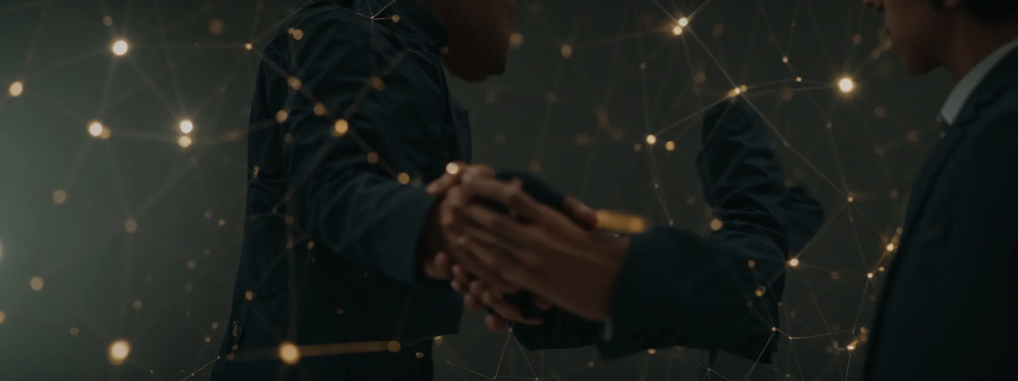 a person confidently shaking hands with a professional partner against a backdrop of a network of interconnected nodes.