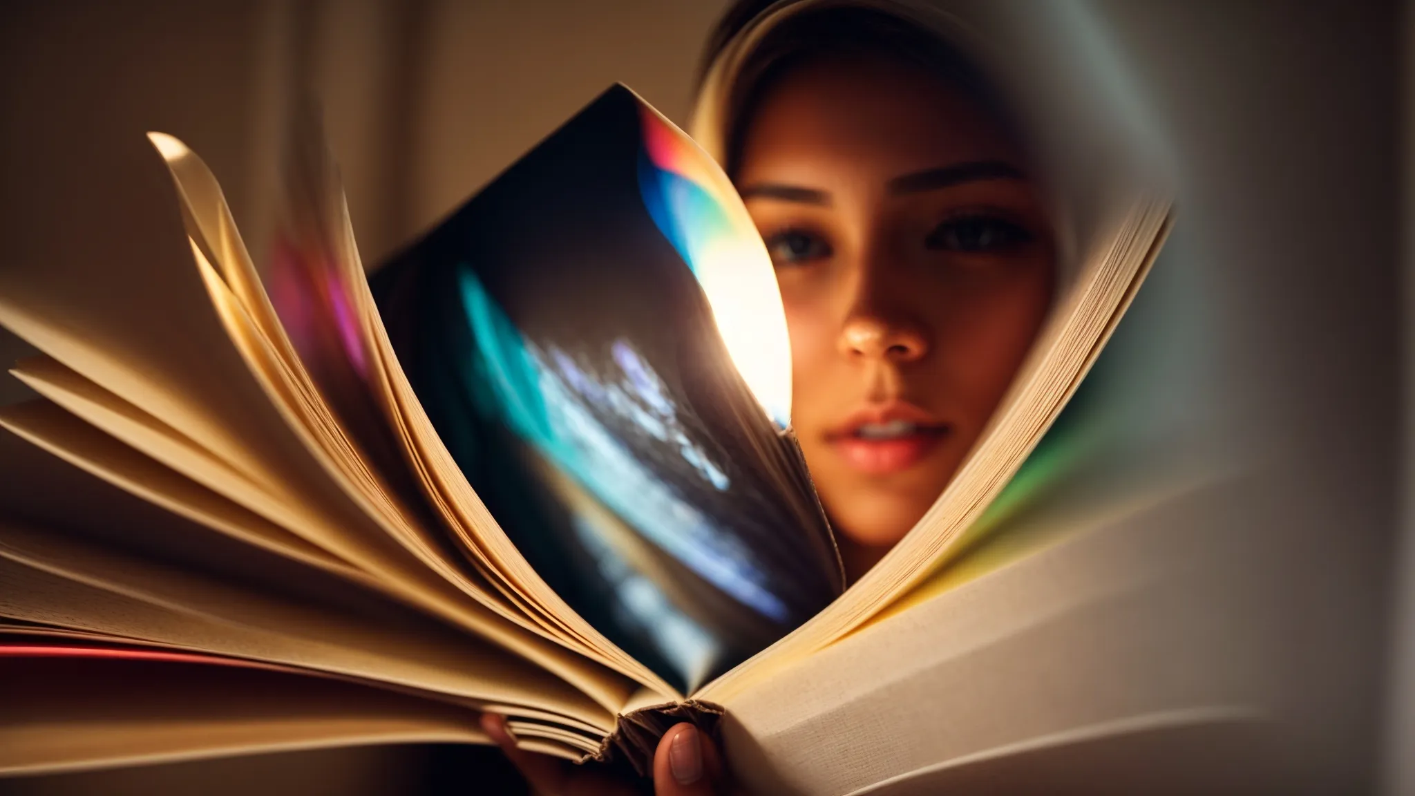 an open book radiates bright, colorful light onto a person’s face, symbolizing a wealth of knowledge.