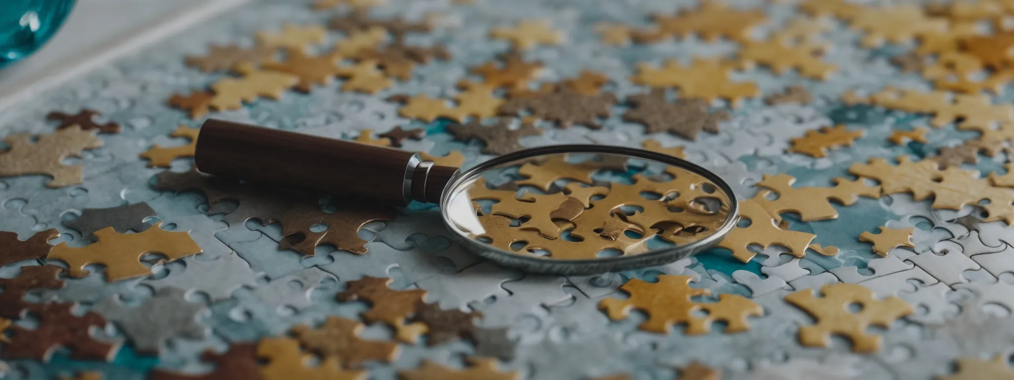 a magnifying glass hovering over a jigsaw puzzle with one piece highlighted.