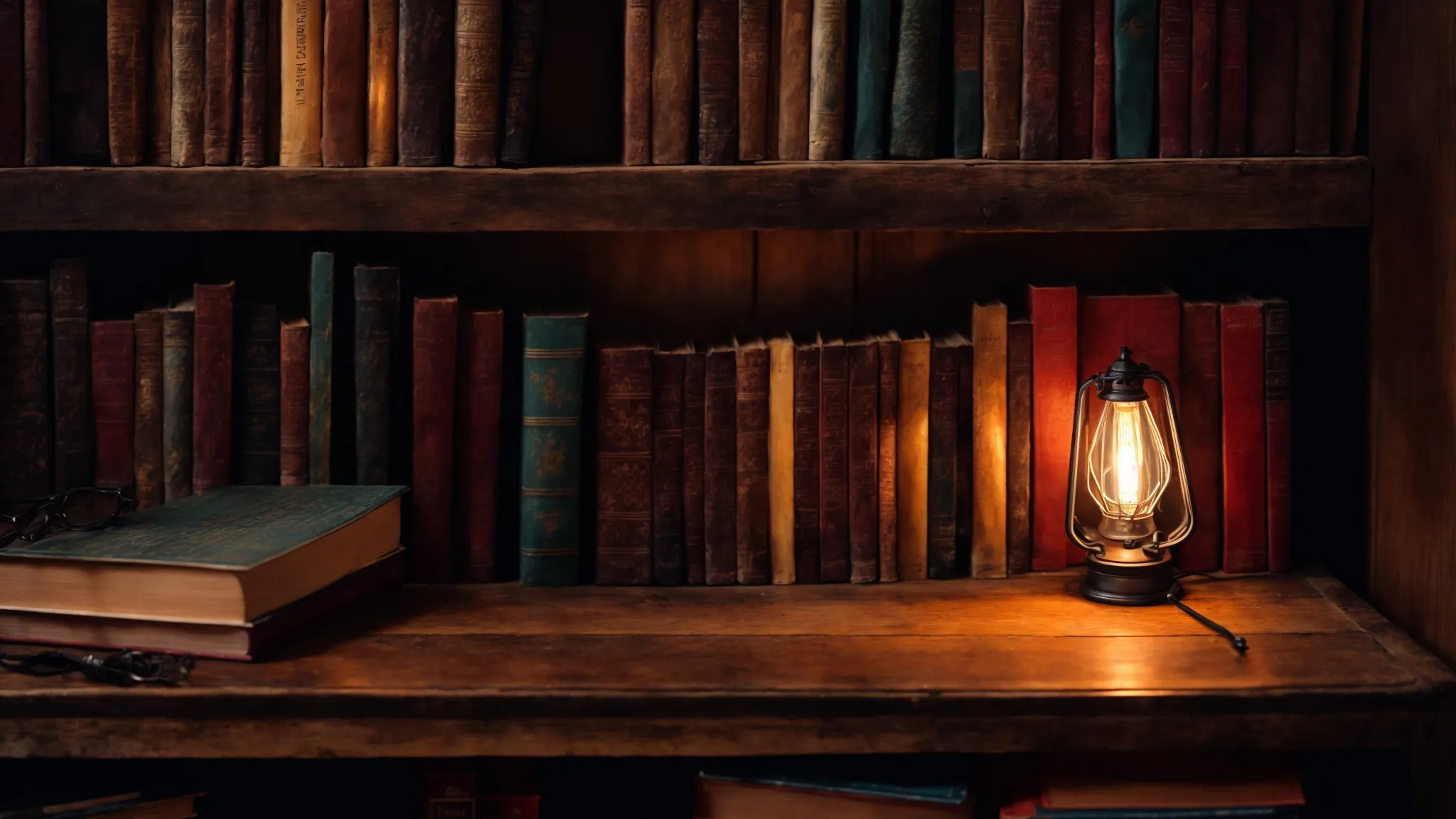 a rustic bookshelf brimming with colorful, old books bathed in the soft glow of a vintage lamp, offering a sense of nostalgia and a journey through stories.