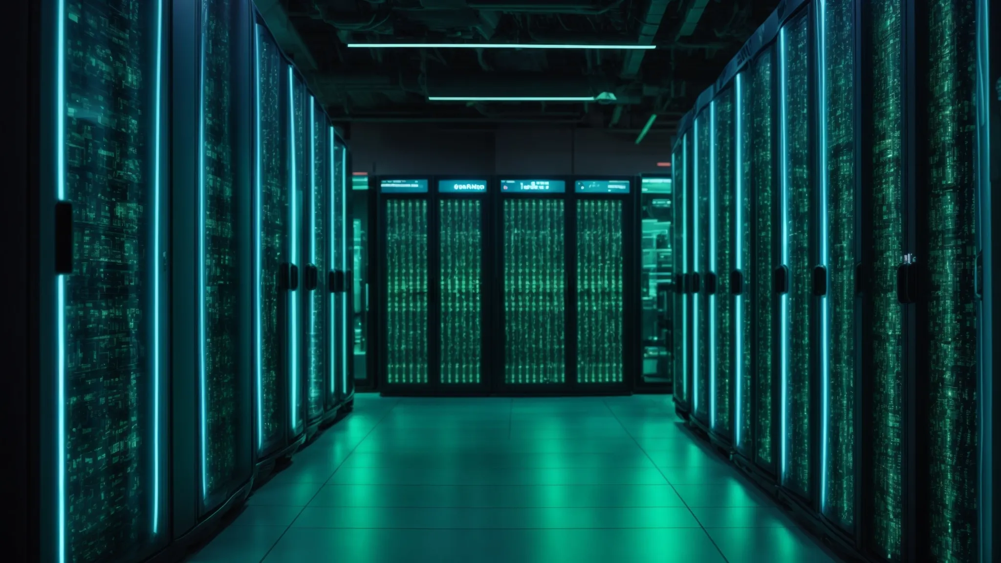 a vast server room with blue and green lights representing the infrastructure behind technical seo optimization.