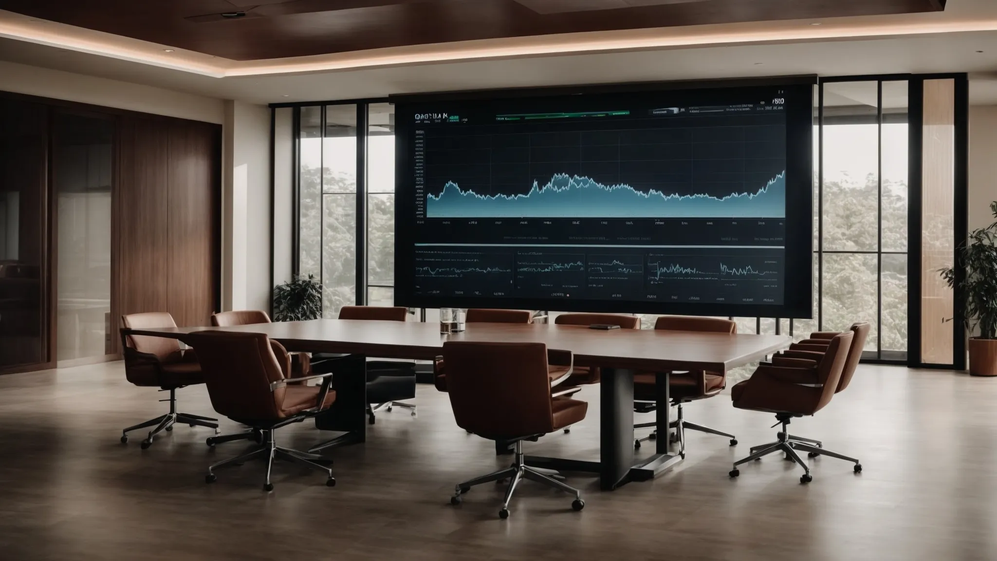 a conference room with a large screen displaying a rising graph, symbolizing the growth of video seo.