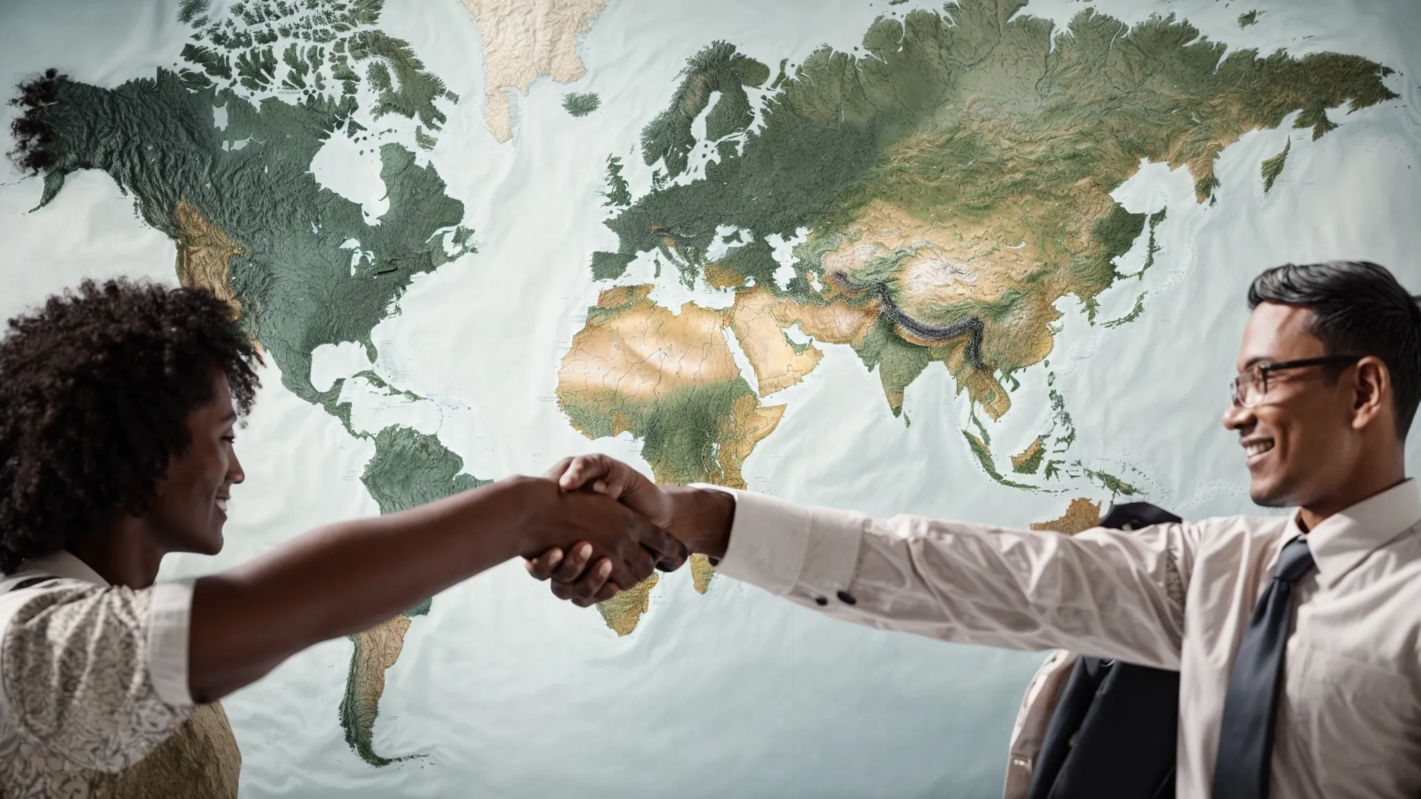 a diverse group of professionals from various countries shaking hands over a world map, symbolizing international partnership building.