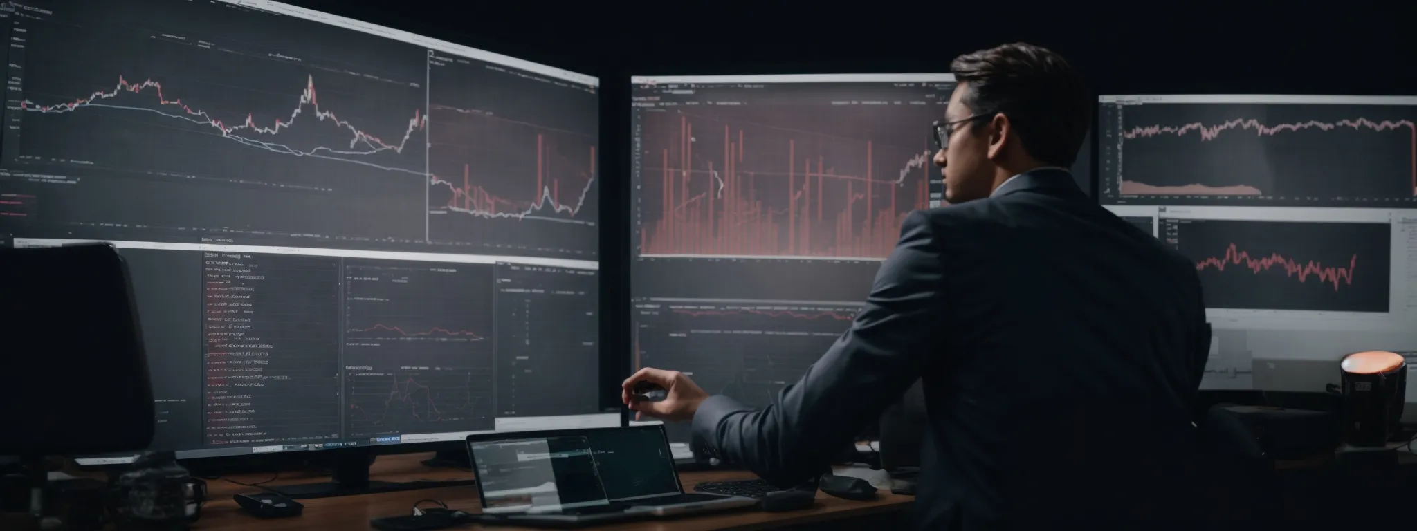a professional seo strategist reviews charts and graphs on a large monitor, revealing search trends and user behavior data.