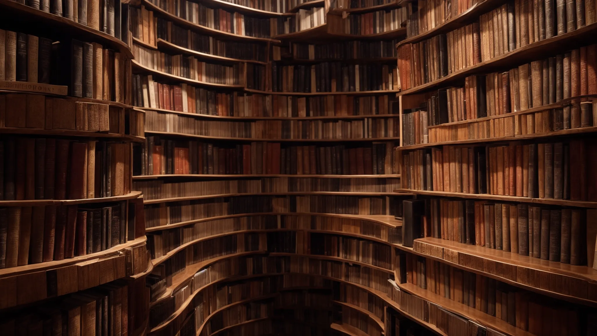 a labyrinth of books towers high, representing knowledge's depth and the challenge of navigating expert content.