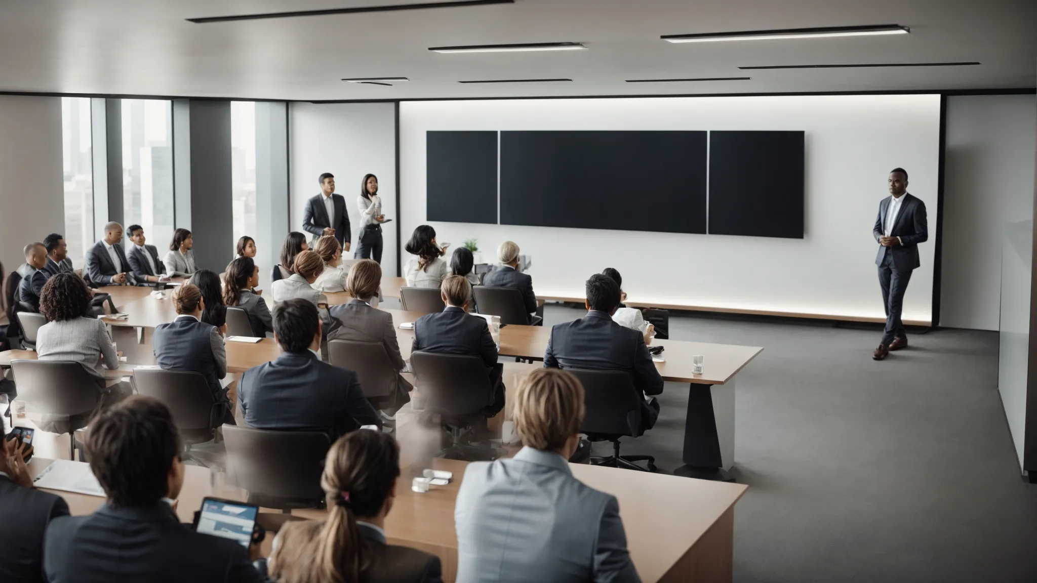 a diverse group of attentive adults gathers in a modern conference room, with a visible presentation screen showcasing marketing strategies.