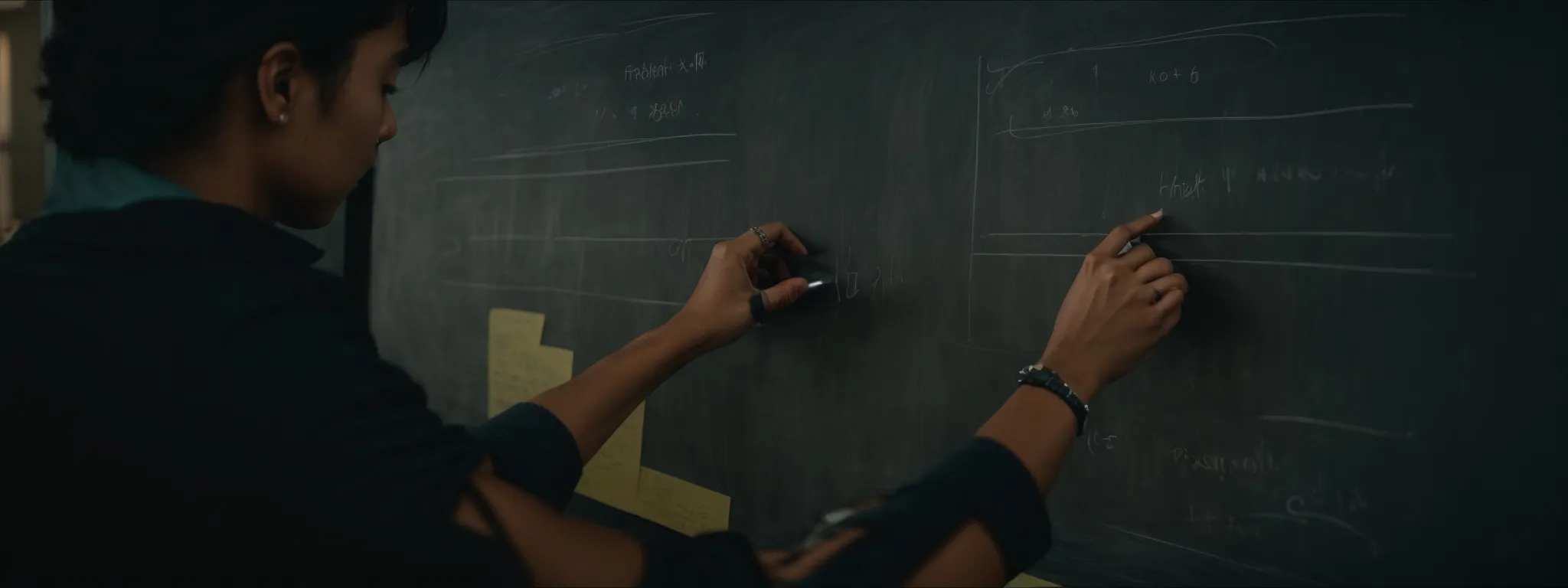 a person erasing a large portion of a chalkboard filled with outdated diagrams and notes.