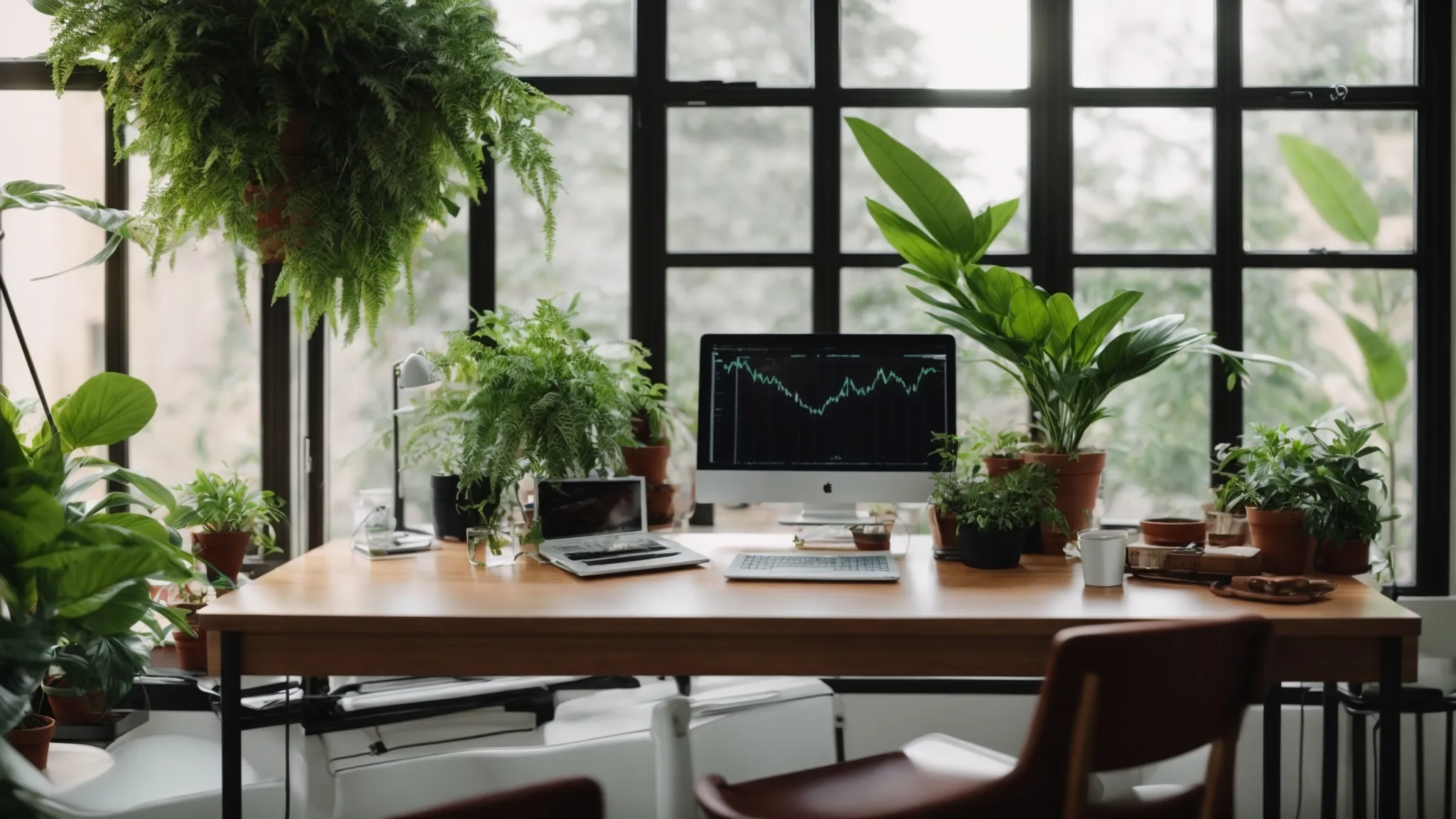 a clean workspace with an open laptop displaying vivid graphs while a plant adds a touch of greenery.
