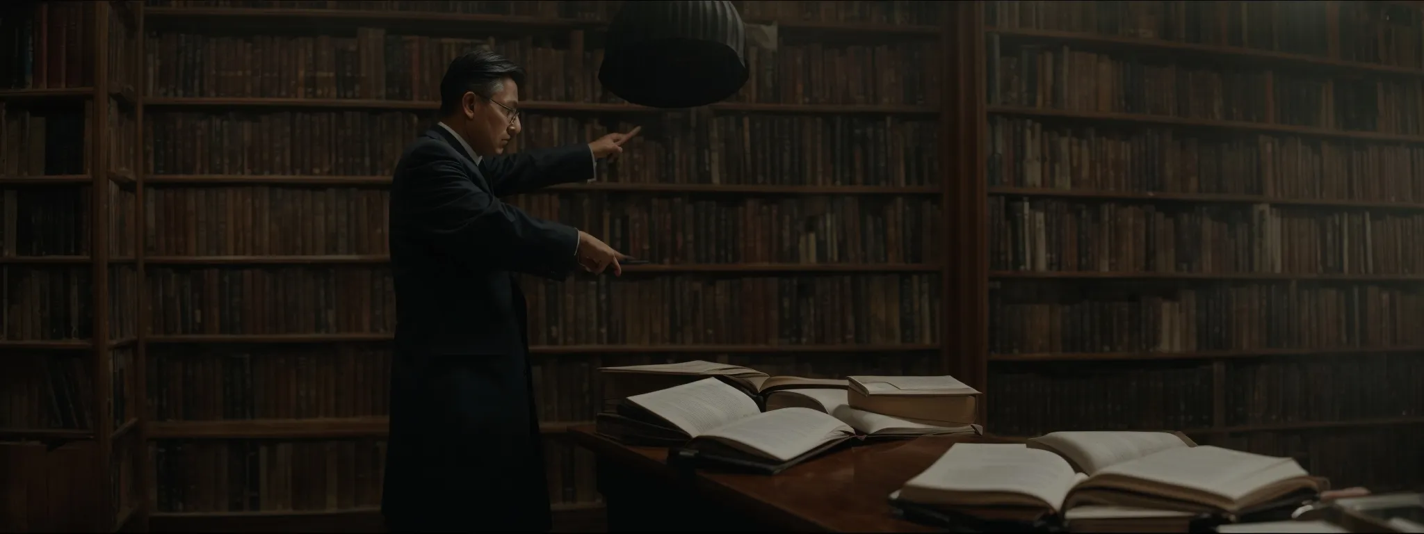a scholar pointing towards an open book amidst a web of interconnected texts.