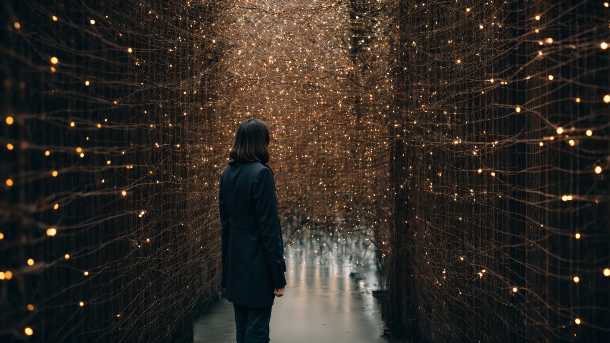 a person gazing at a vast network of interconnected nodes representing google's complex search algorithm.