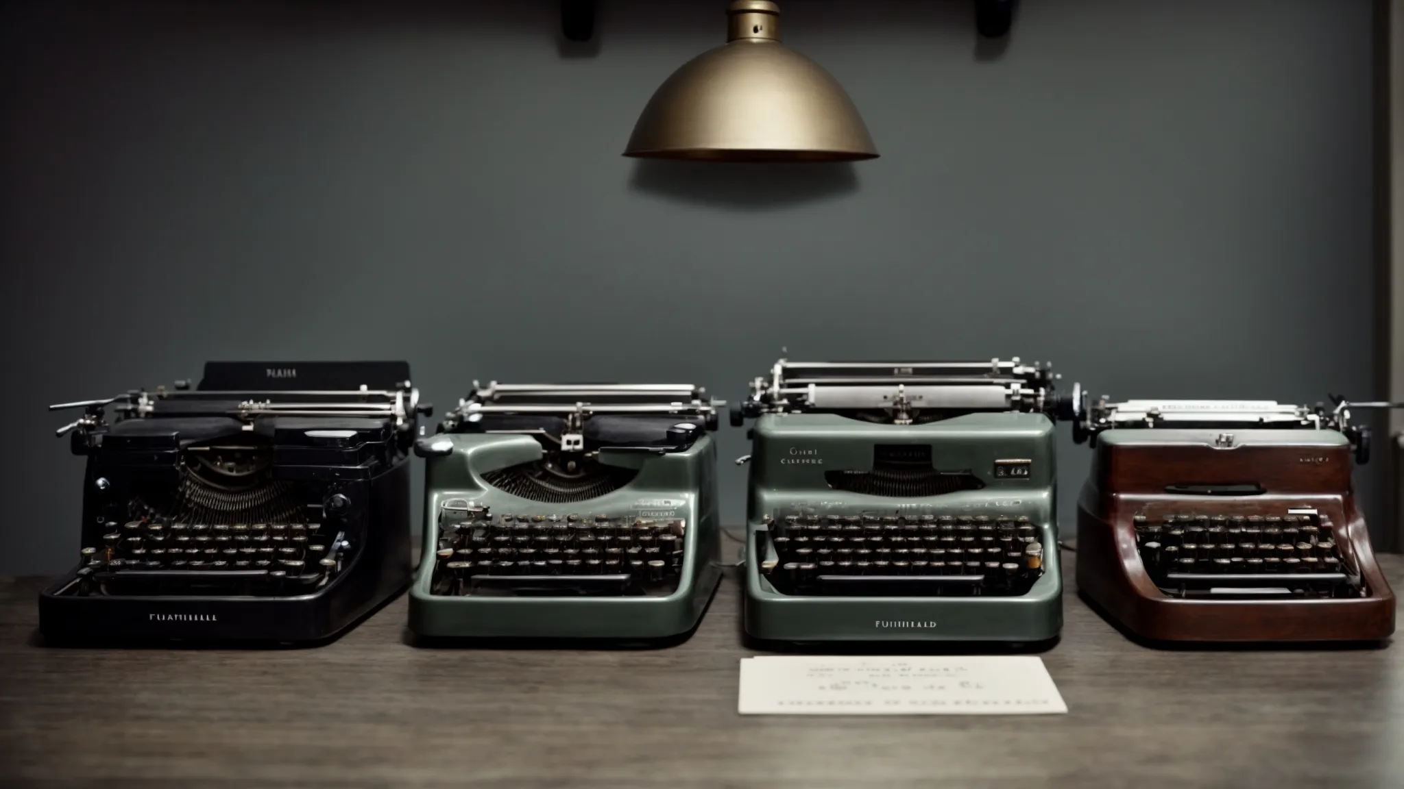 a diverse collection of typewriters on a table, each poised to compose stories with distinctive styles.