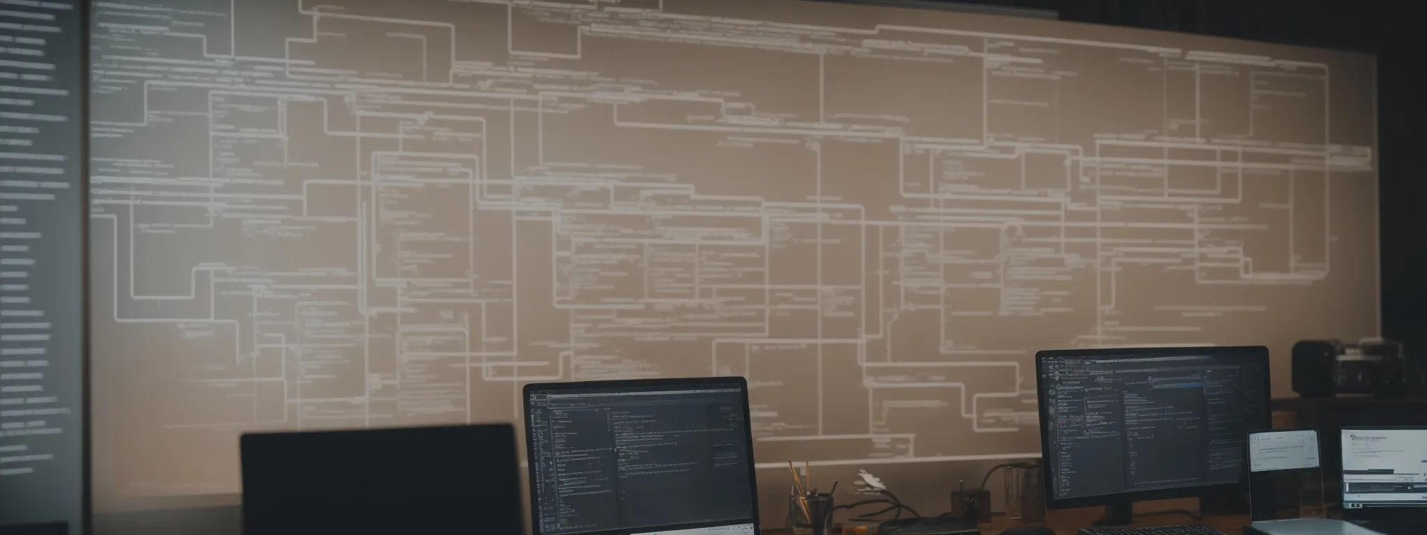 a web developer examines a flowchart of a website's structure on a computer screen.