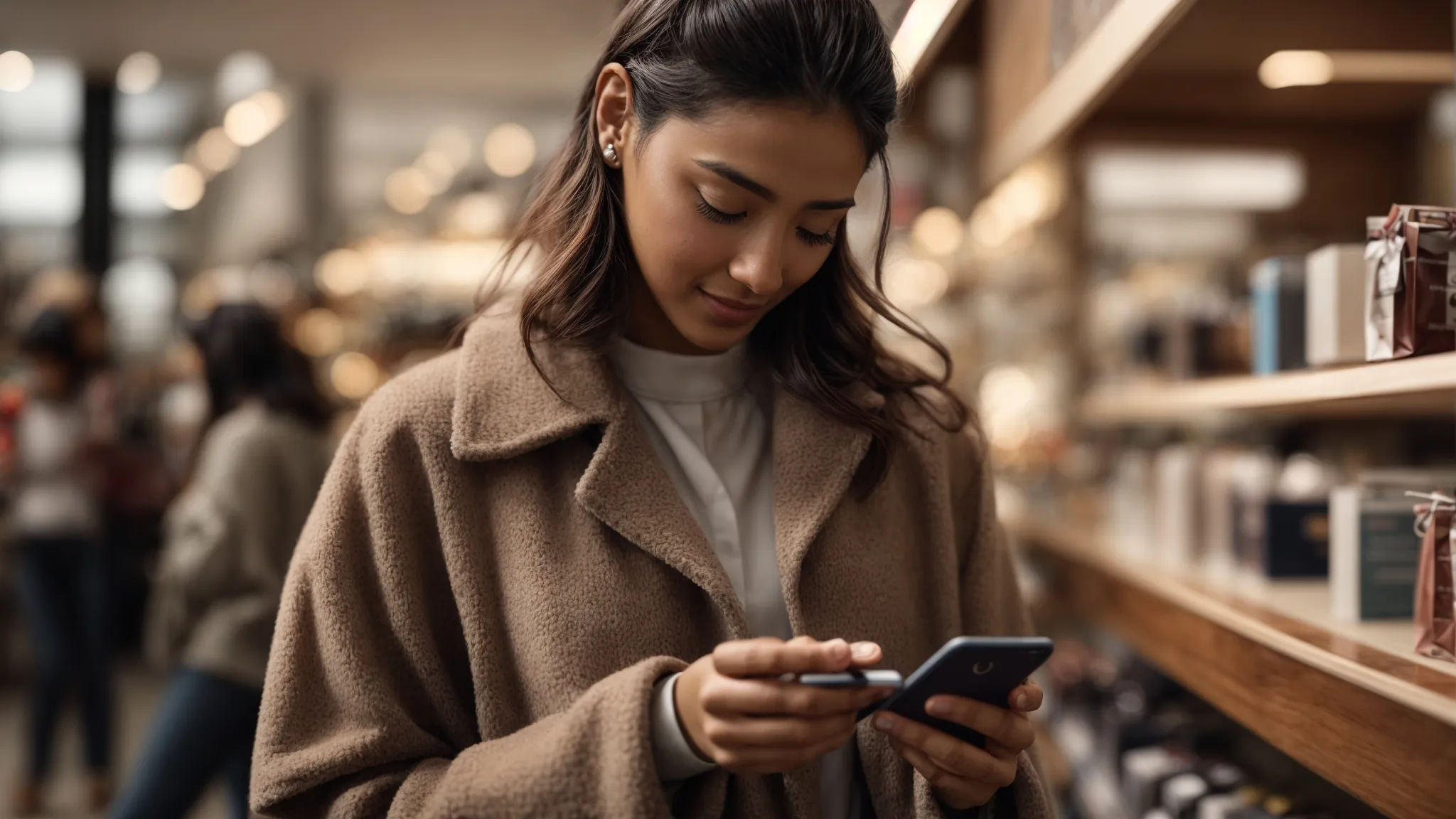 a satisfied shopper uses a smartphone to effortlessly browse through an array of products on a sleek e-commerce app.