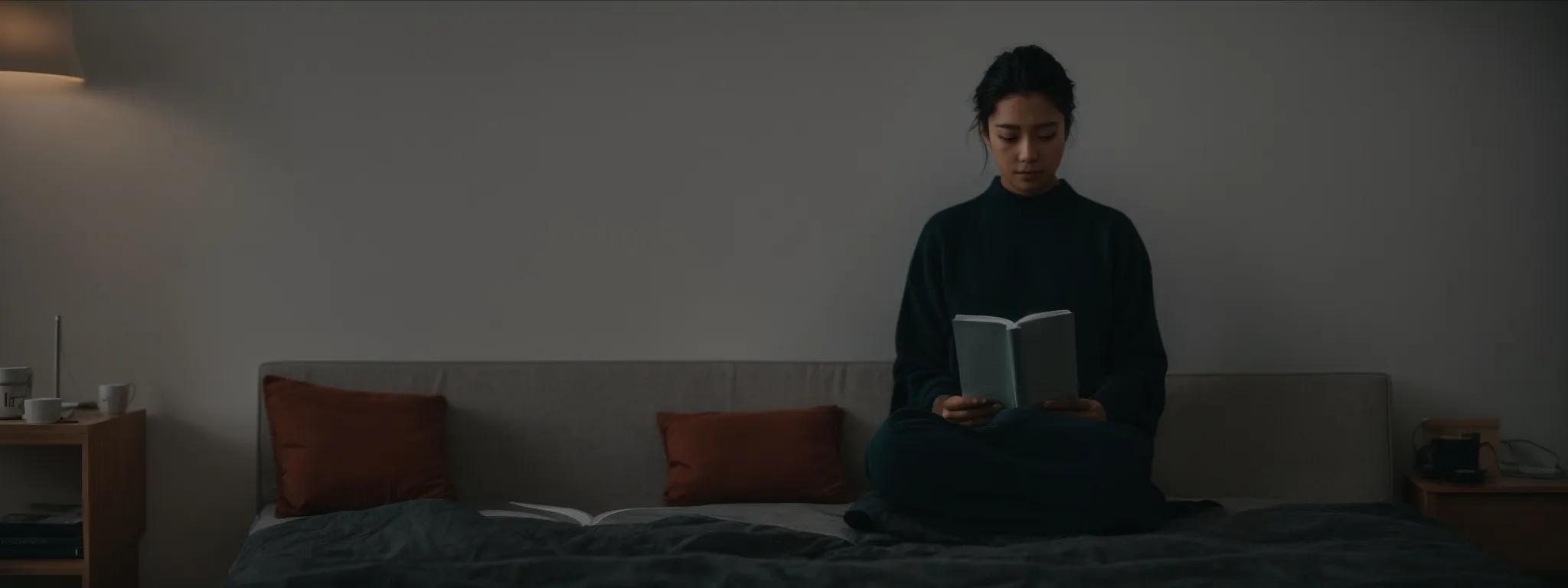 a person comfortably reading an illuminated e-book against a quiet, minimalist backdrop.