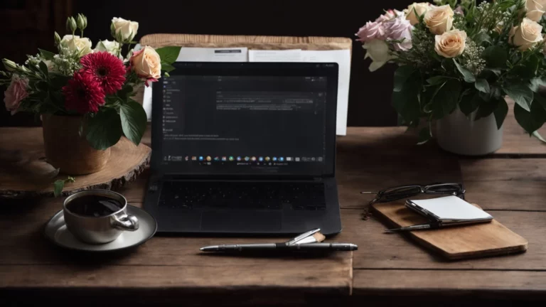 a close-up of a person working on a laptop with a notepad and pen nearby, surrounded by fresh flowers and a cup of coffee on a rustic wooden table.