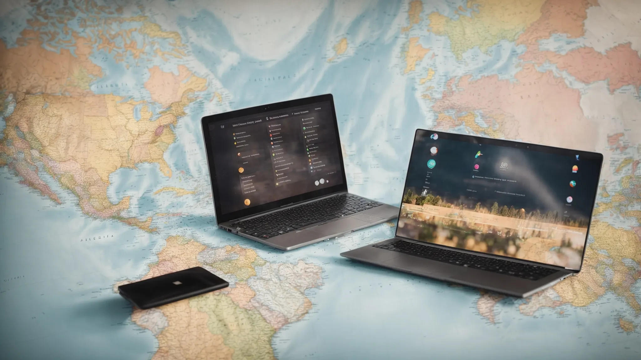 a laptop on a world map with pin markers over different countries.